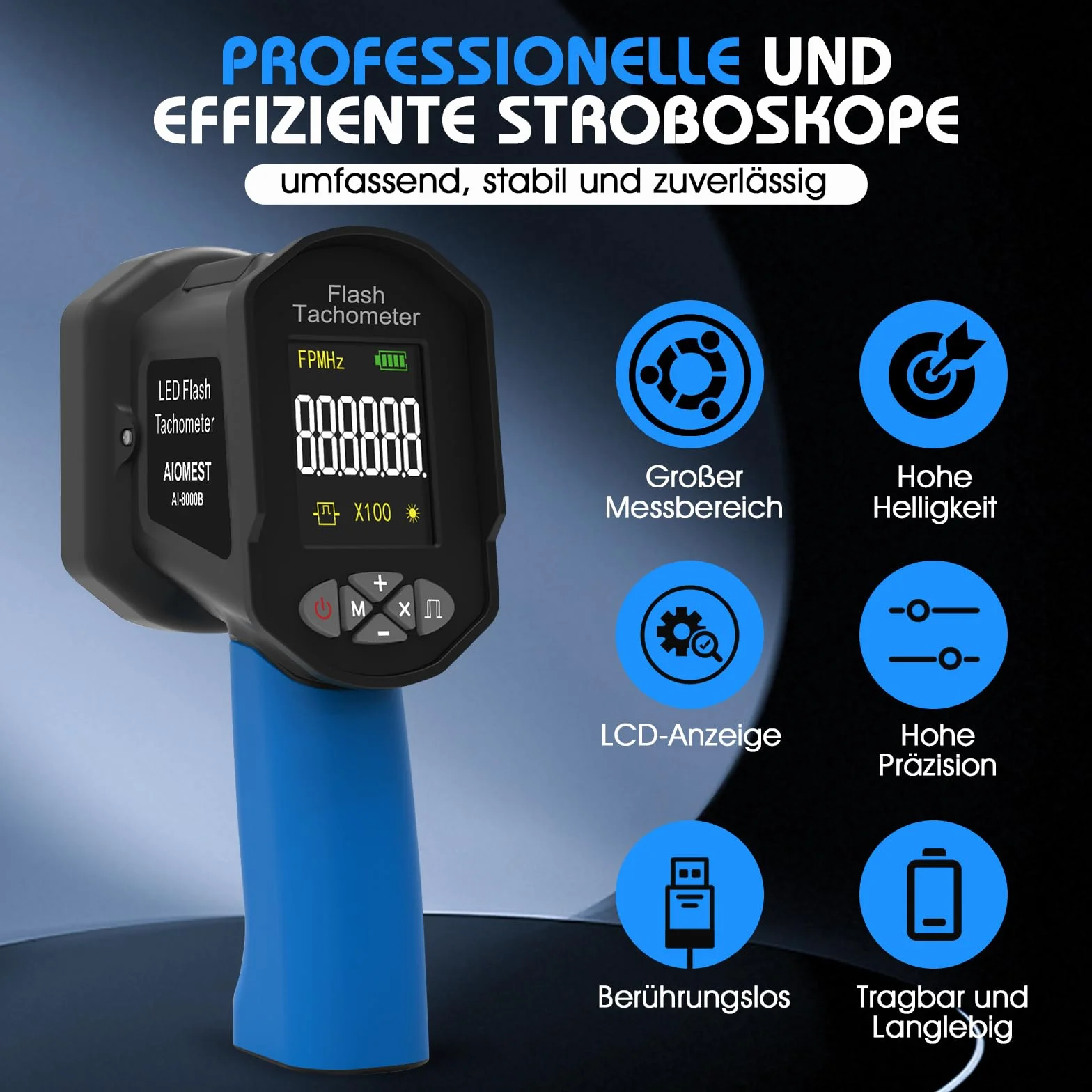 RPM Estroboscopio Digital AIOMEST AI-8000B Medidor de RPM Sin Contacto 60~100.000 RPM/Hz Alta Precisión 0,001% Luz Estroboscópica Ajustable