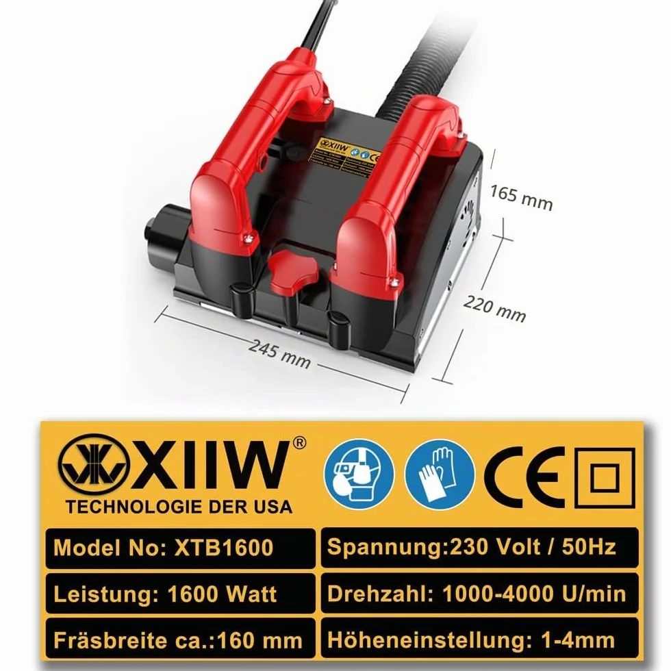 XIIW Fresadora de hormigón para superficies duras, 1600 W, 4000 rpm, fresadora de rodillos, fresadora de renovación para azulejos/cerámica, cemento, arena arcillosa, piedra caliza, vidrio