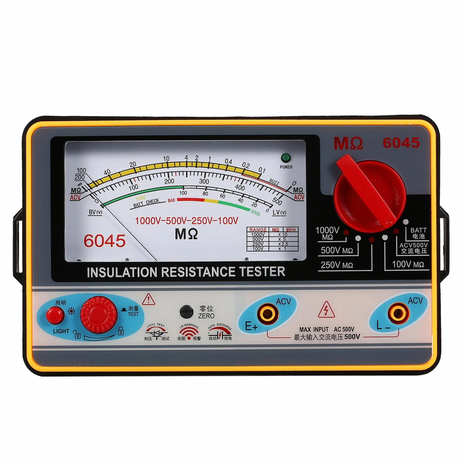 Medidor de resistencia de aislamiento Ohmímetro digital Megger Probador de aislamiento portátil Megámetro 0-2000MΩ 100V / 250V / 500V / 1000V Instrumento de medición de aislamiento de megaohmímetro de