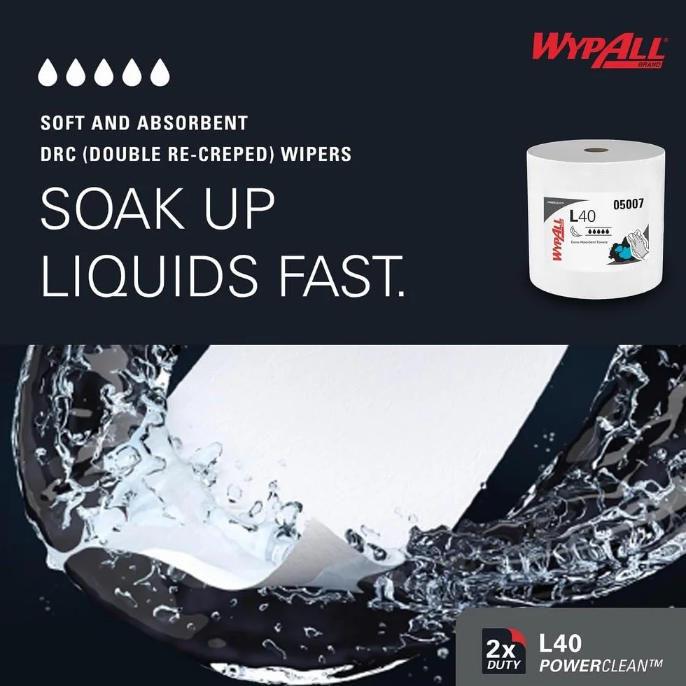WypAll L40 Power Clean Paños Industriales 7452, Resistencia y Absorción Superior, Ideal para Limpieza Industrial y Mantenimiento, Compatible con Dispensadores Kimberly-Clark, 1 Rollo de 750 Paños
