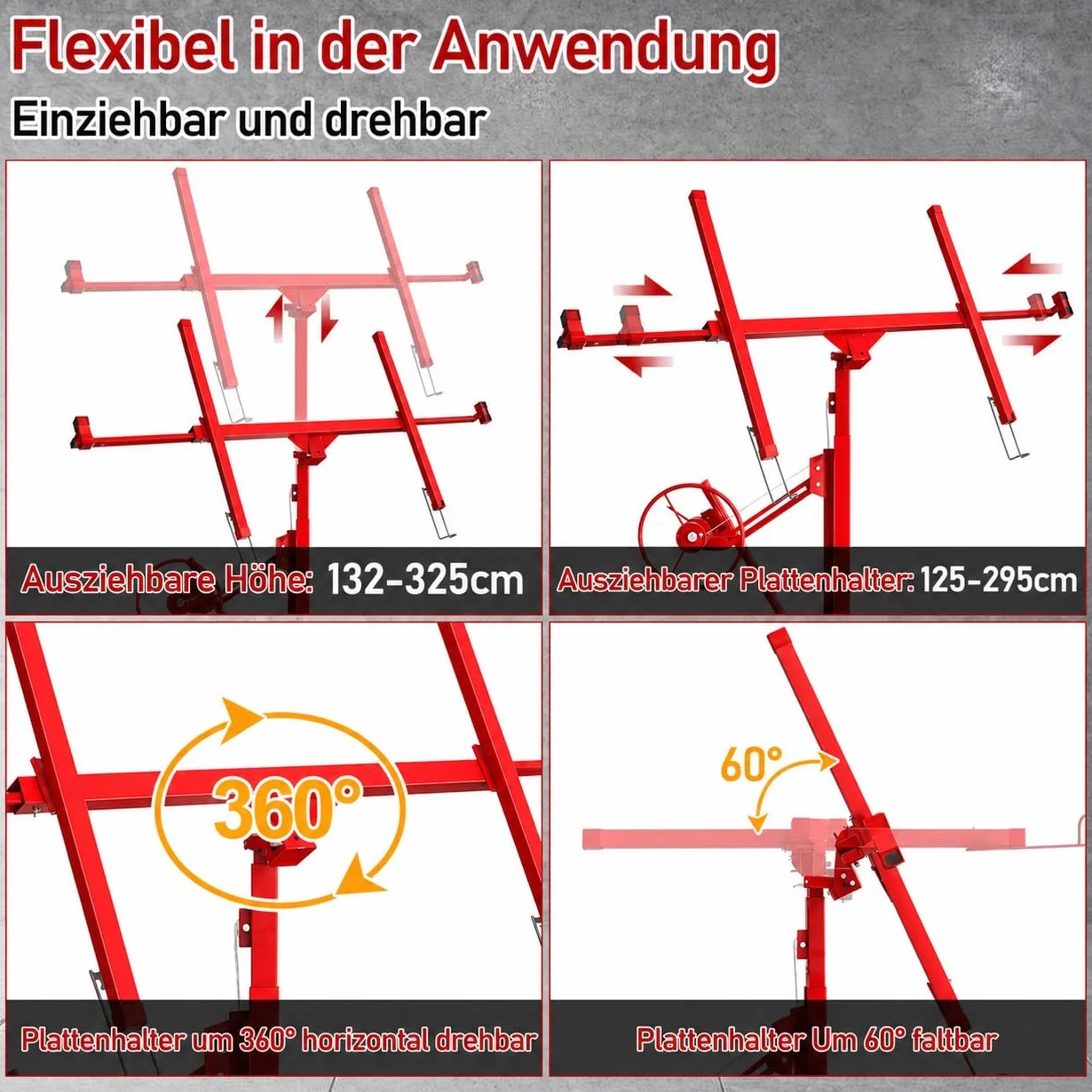 Ikodm - Elevador de placas plegable XXL para paneles de yeso, altura de trabajo ajustable de 132-335 cm, ancho máximo del brazo de carga de 290 cm y capacidad de carga de 68 kg, Rojo