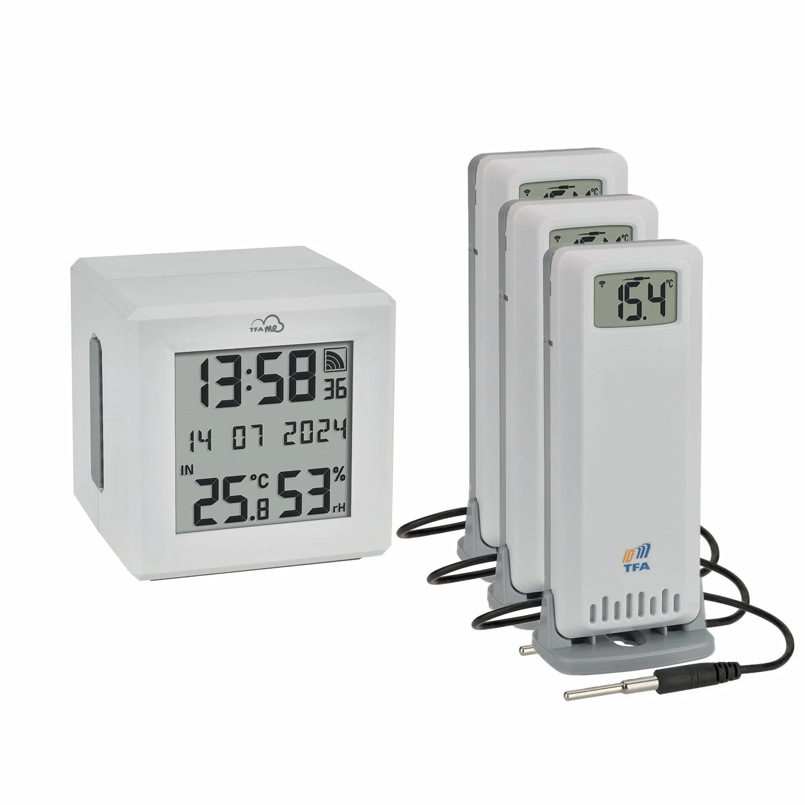TFA Dostmann TFA.me 35.8104 - Kit de iniciación con 3 transmisores de temperatura, para monitoreo de transmisores TFA-ID, incluye portal TFA.me para PC, smartphone y tableta, con sensor de cable,