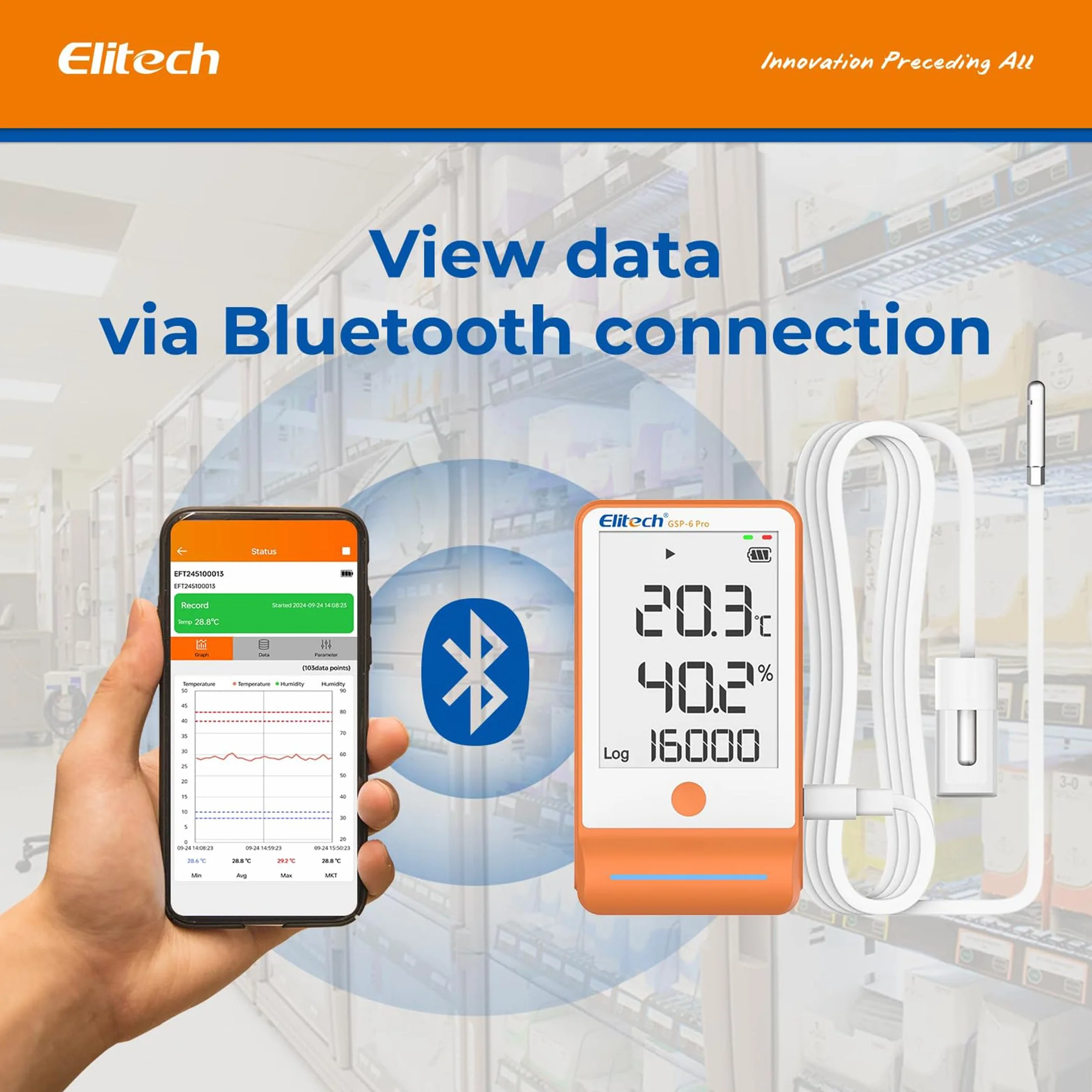 Elitech GSP-6Pro-GLE+THE Registrador de temperatura Bluetooth sensor temperatura humedad 100000 puntos datos certificado calibración