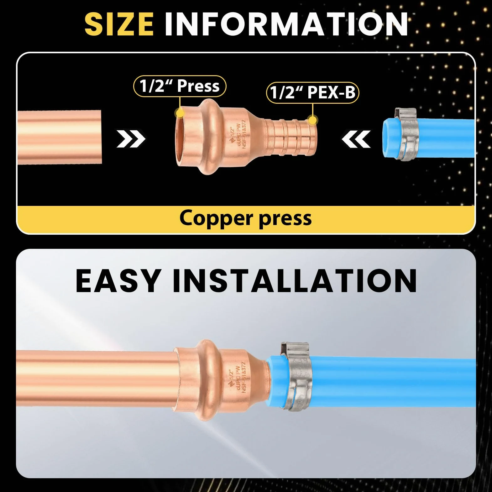 Paquete de 10 Conectores Foskan de 1/2" PEX con engaste x 1/2" de Cobre a presión, Accesorio de tubería de conexión a presión, diseño LBP para tubería de Cobre.