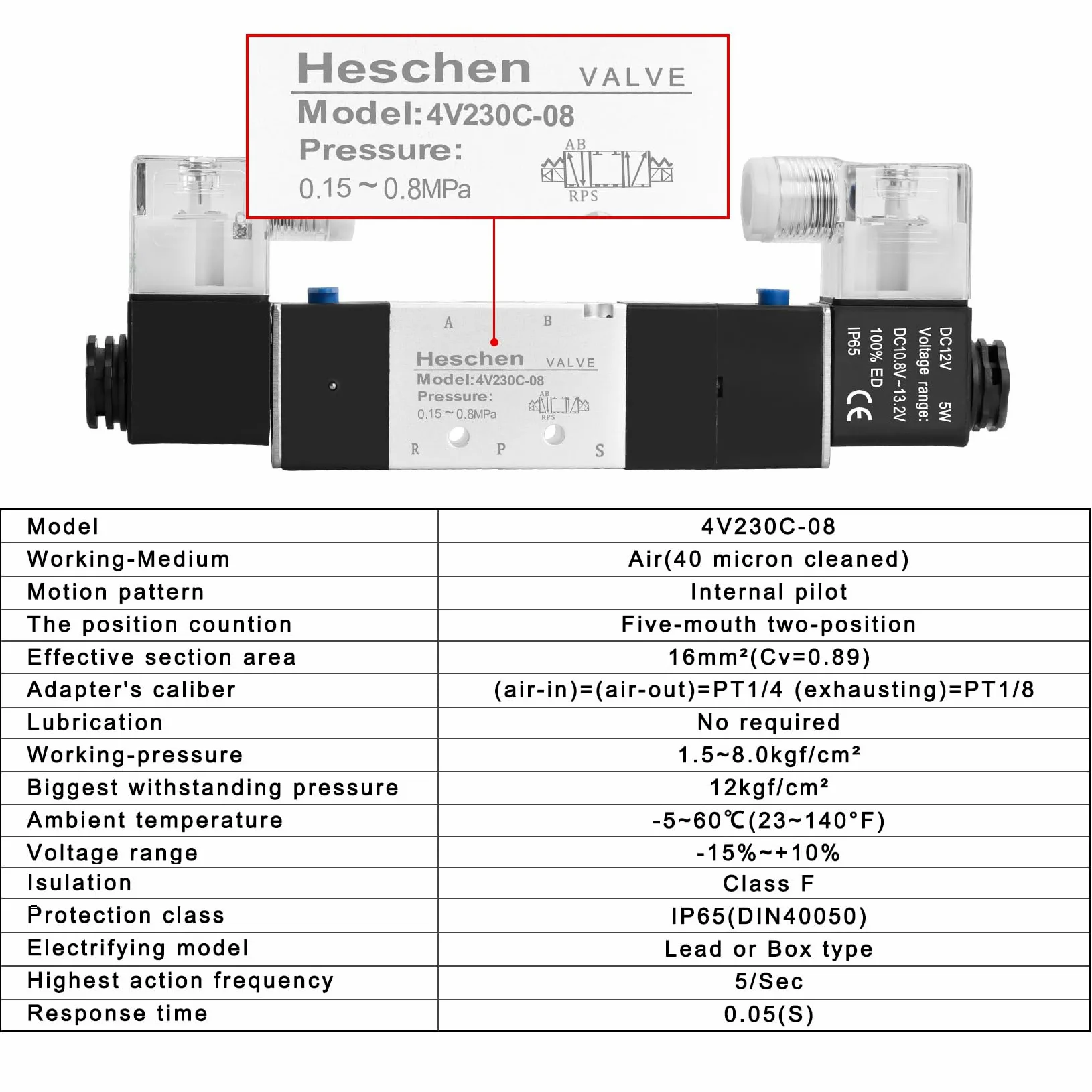 Heschen Válvula solenoide neumática eléctrica 6, 4V230C-08, 12VDC, PT1/4, 5 vías 3 posición, base del colector, silenciador, conjunto de accesorios rápidos, CE
