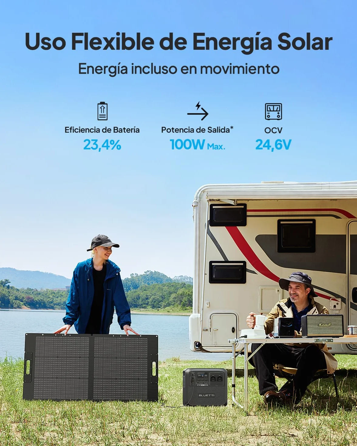BLUETTI 100W Panel Solar, para Central Eléctrica Portátil AC2A EB3A AC50B AC70 AC180 AC200L AC300, Cargador Solar Plegable con Patas Ajustables para Acampar, Viajar