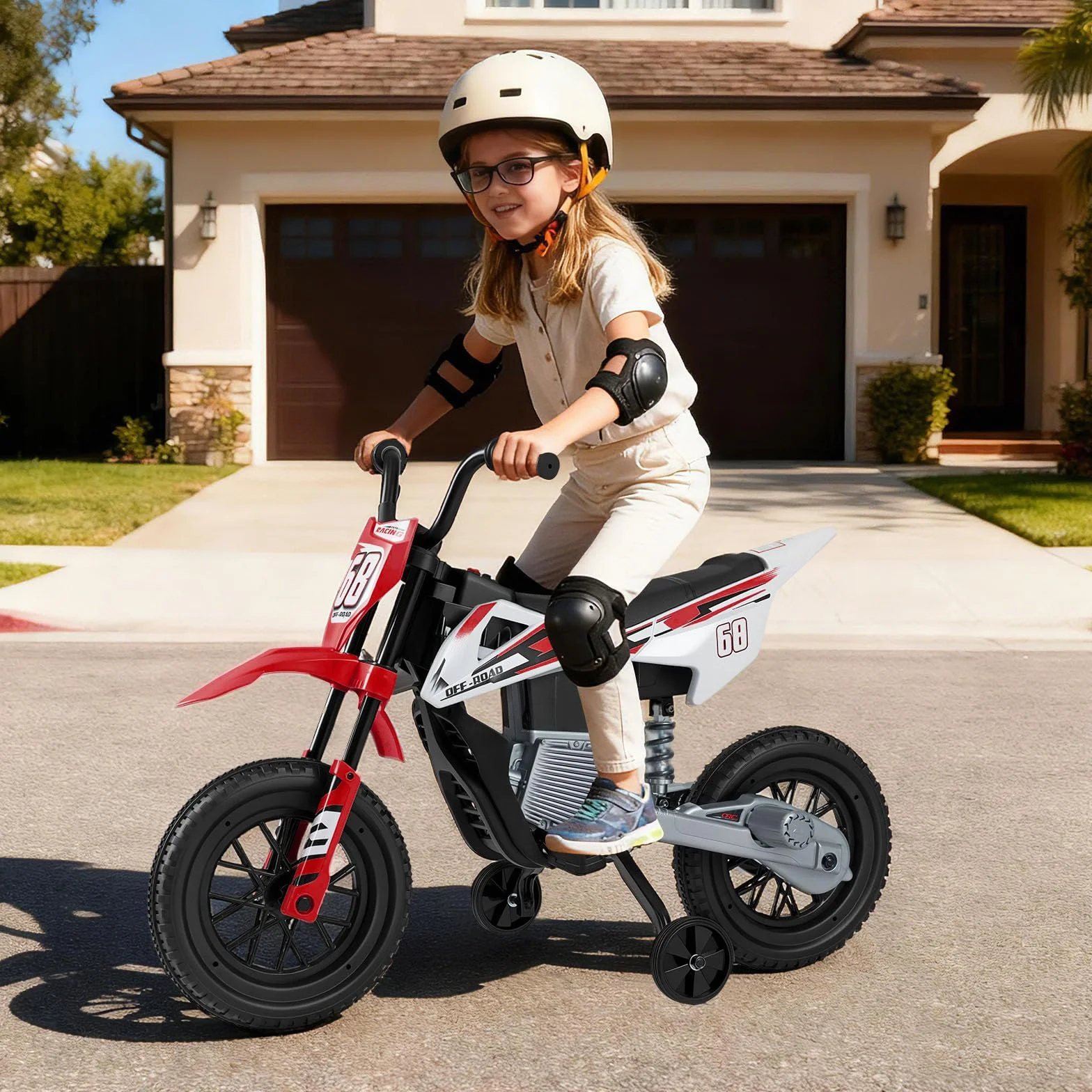 COSTWAY Motocicleta Eléctrica Infantil 12V con Ruedas de Entrenamiento Desmontables y Suspensión de Resorte (Rojo)