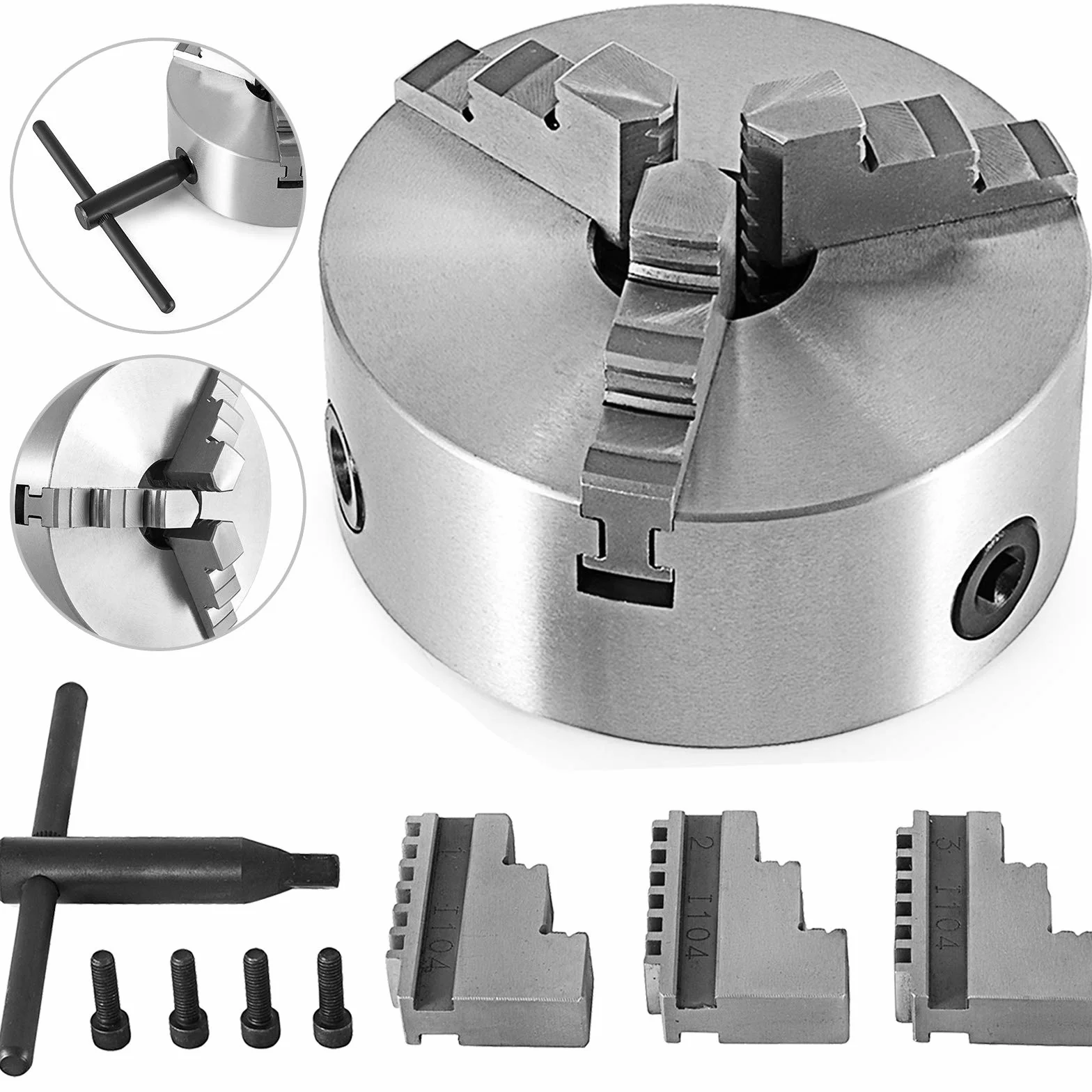 Husuper K11-100 3- Mandril de Torno 100mm, con 2 Juegos de Mandíbulas Mandril, con 3 Mordazas Autocentrante, Mandril del Torno de Centrado Automático para Todo Tipo de Tornos de Uso General