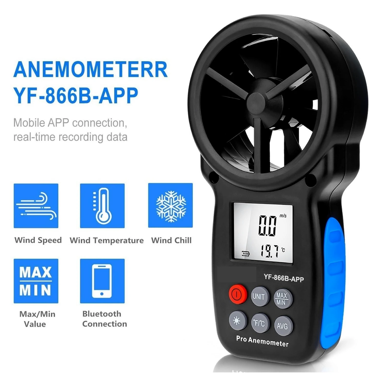 Medidor de flujo digital Anemómetro Digital 866A/866B/866B-APP, medidor de velocidad del viento, mide la temperatura del viento y el flujo del viento con retención de datos y USB para agua diesel quer