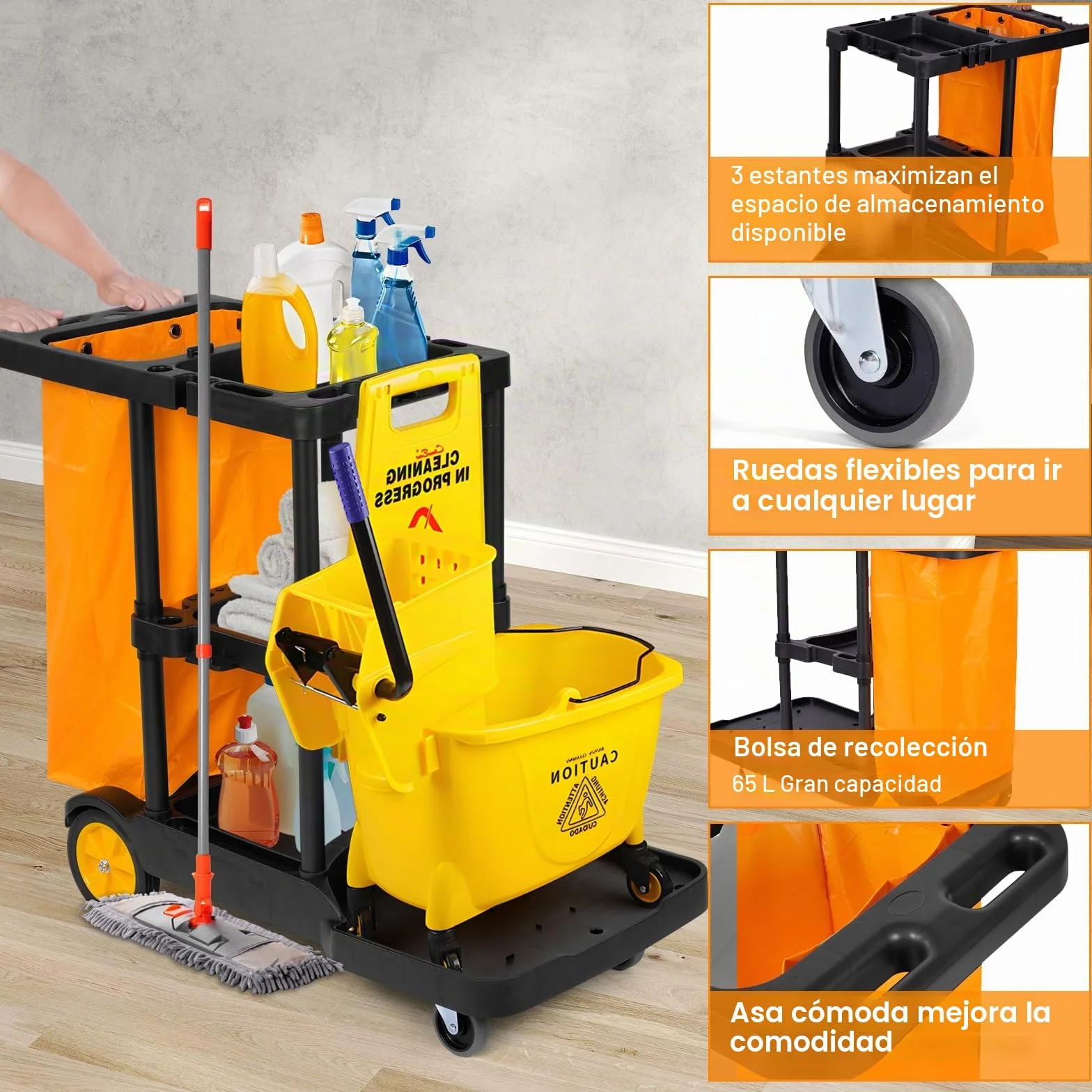 Bimiti Carro de limpieza profesional con bolsa extragrande, 113x56x93 cm, 3 niveles de gran capacidad, carrito de limpieza, bolsa de basura de 65 L, amarillo y negro