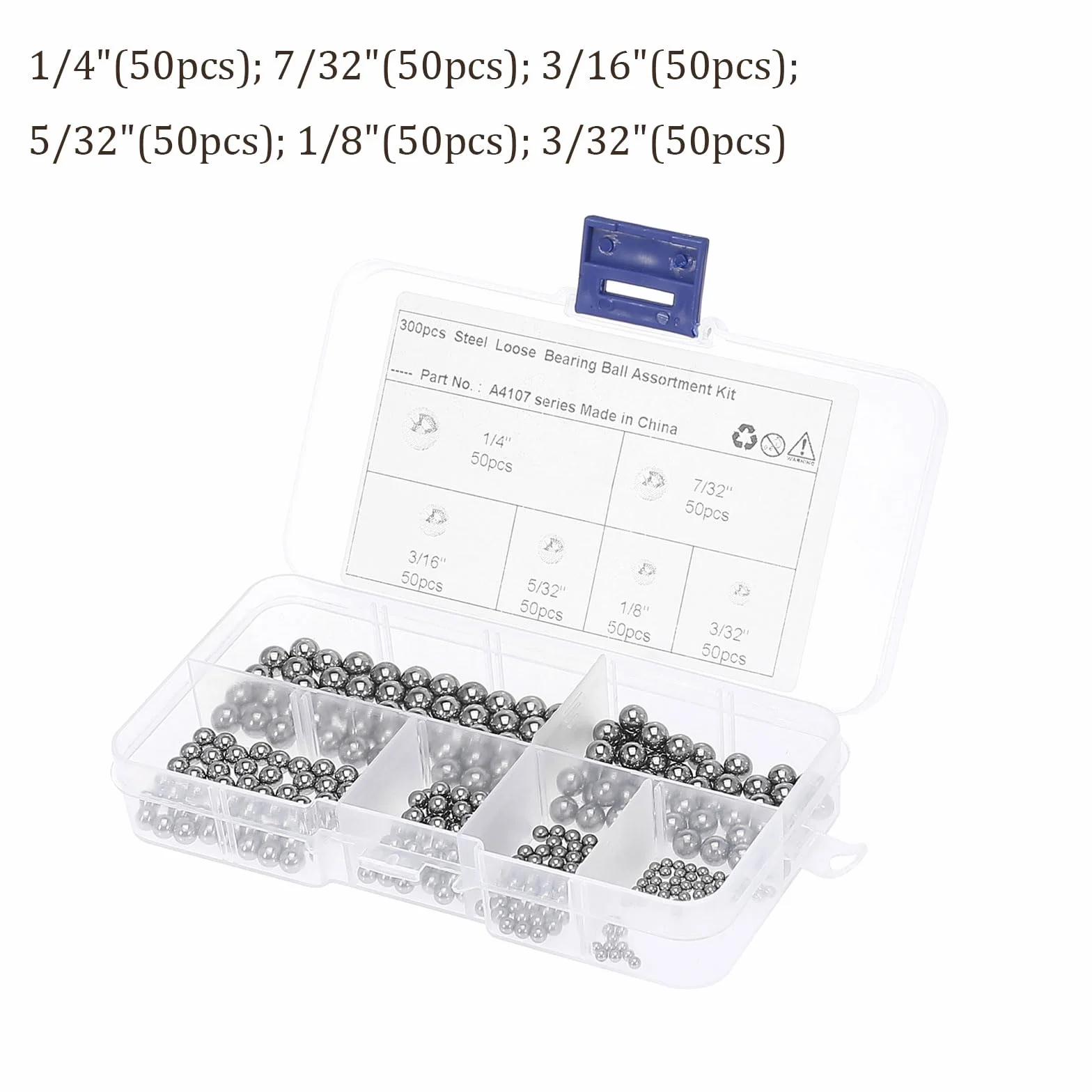 300uds Precisión Bolas - [1/4" 7/32" 3/16" 5/32" 1/8" 3/32"] 6 Tamaños Carbono Acero para Rodamientos Válvulas Uso, Sólido