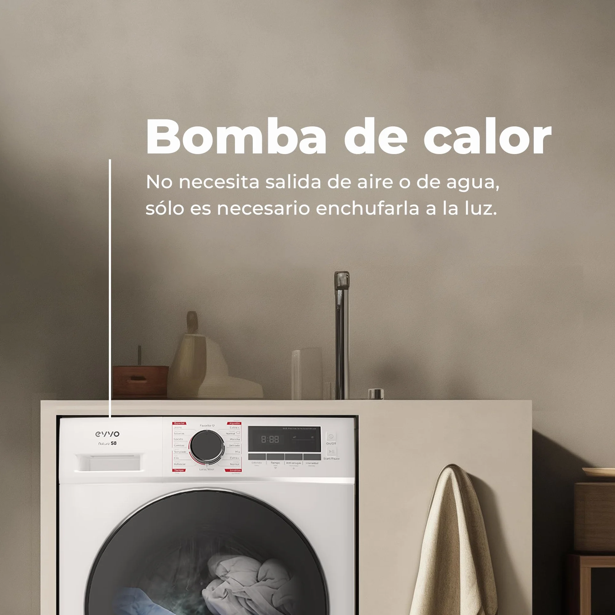 EVVO Secadora de Ropa Nature S8 E 8kg Bomba de Calor Sensor Humedad Antiarrugas Blanco