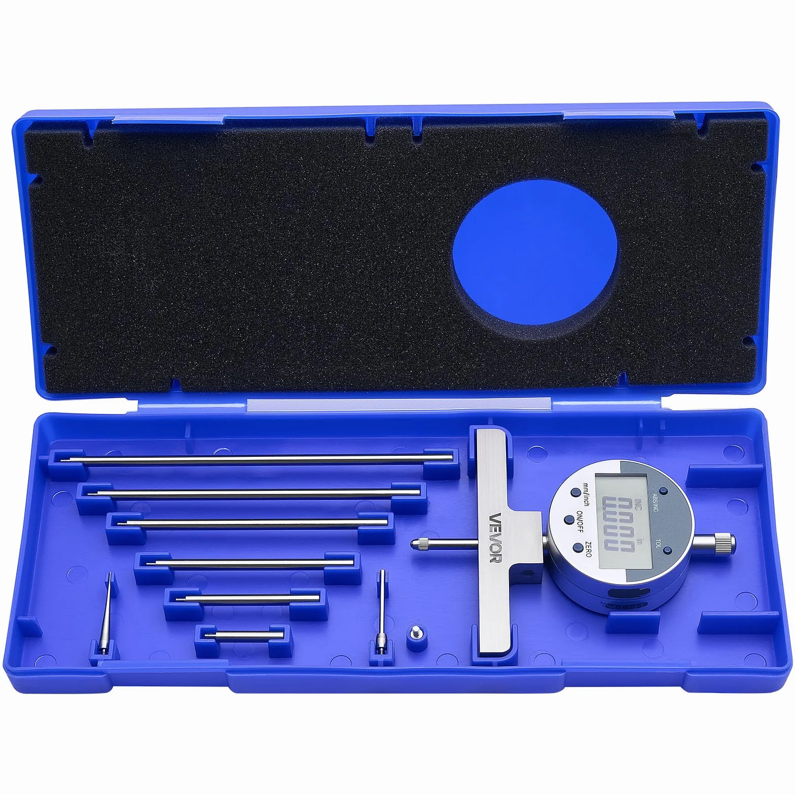 VEVOR Medidor de Profundidad de Alta Precisión, Rango de Medición de 0 a 558,8 mm, Resolución de 0,01 mm, Kit de Indicador Digital con 6 Varillas 4 Yunques, Herramienta para Ranuras Escalones Agujeros