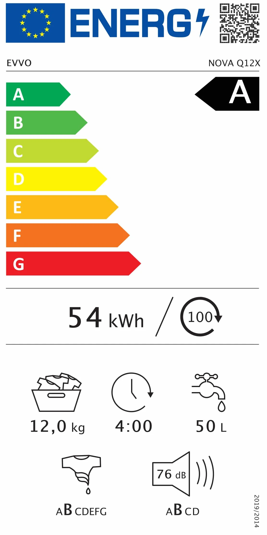 EVVO Lavadora Carga Frontal NOVA Q12 12Kg 1400 RPM Motor Inverter eDRIVE Eficiencia Energética A