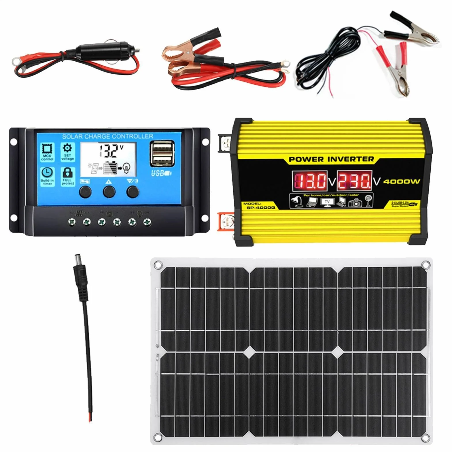 Placa Solar Con Bateria Y Enchufe 220v, Baterias Solares Para Casa, Kit Placa Solar, Inversor Y Cargador De 300 W,Convertidor De CC 12 V A CA 110 V/220 V, Con 2 Puertos USB Y Pantalla LED