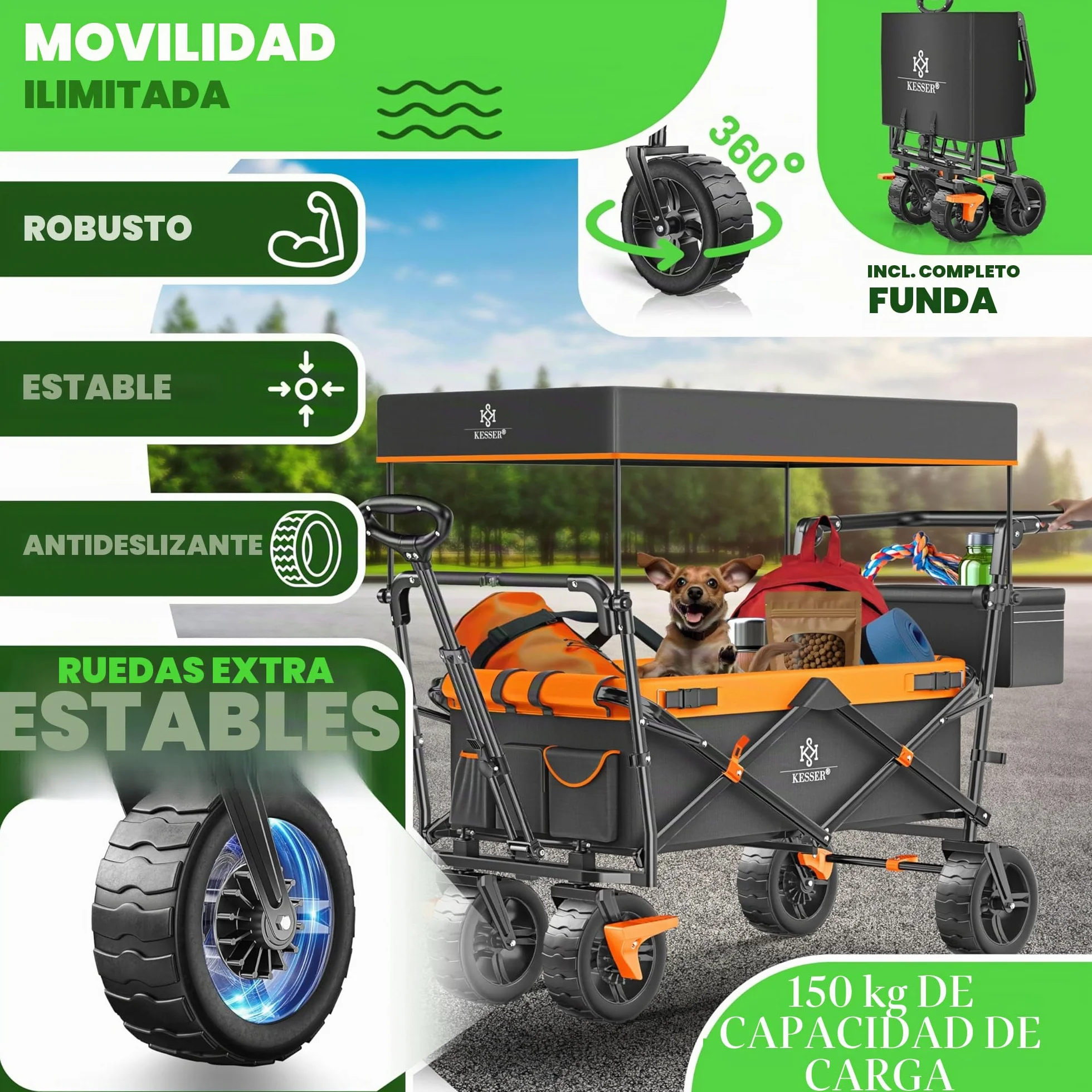KESSER® Carro plegable GT9000 con techo | Máx. soporta 150 kg, ruedas de goma dura, frenos de estacionamiento (delantero y trasero) | Cerradura, cubierta, clima