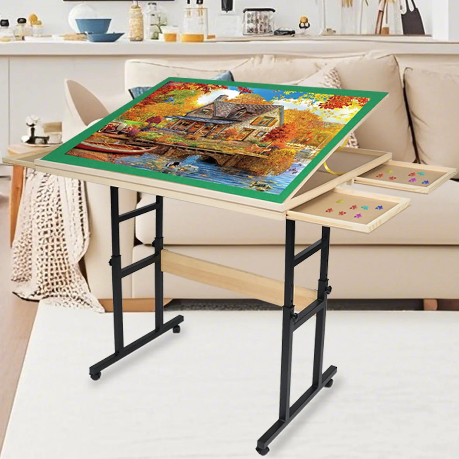 Mesa de Rompecabezas de Madera 1500 Piezas 89x69 cm Altura Ajustable Inclinación 45° 4 Cajones