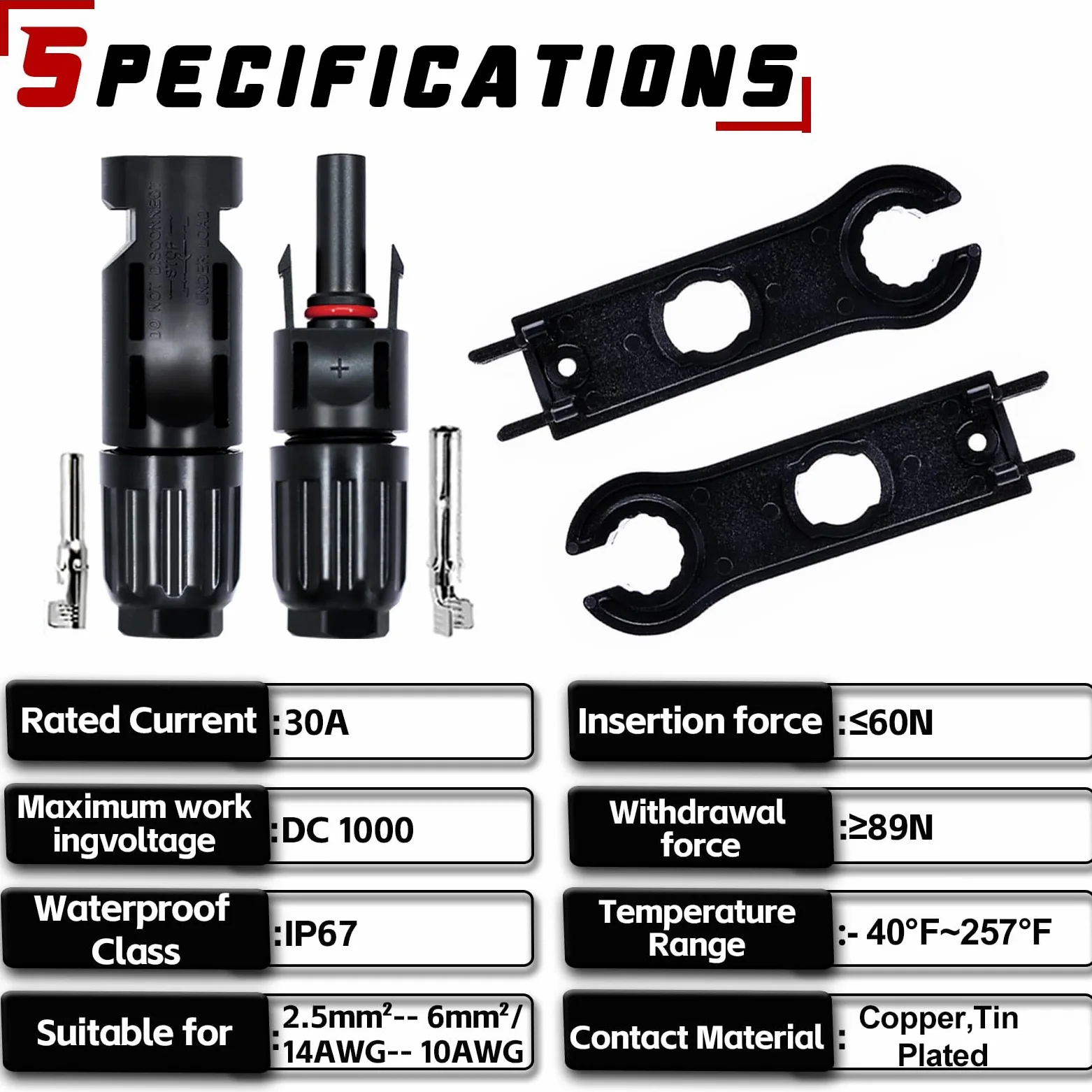 48 pares de conectores solares, conectores solares macho y hembra, conectores de cable de panel solar con 2 llaves inglesas IP67 impermeables