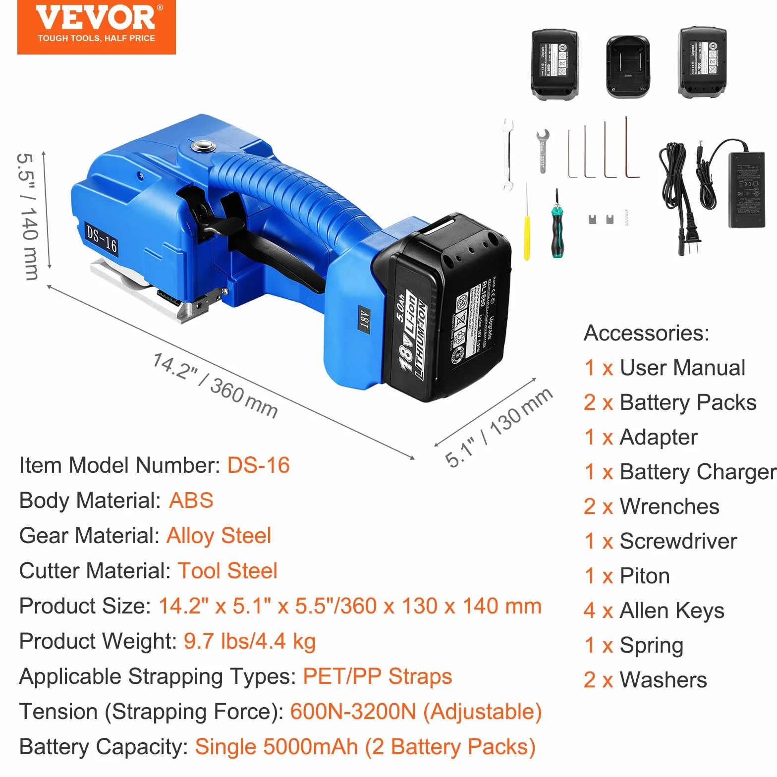 VEVOR Flejadora Eléctrica para Flejes PP PET de 0,89-1,6 cm Herramienta de Flejado Portátil con Pantalla Digital Flejadora Automática a Batería para Cajas de Embalaje de Palets
