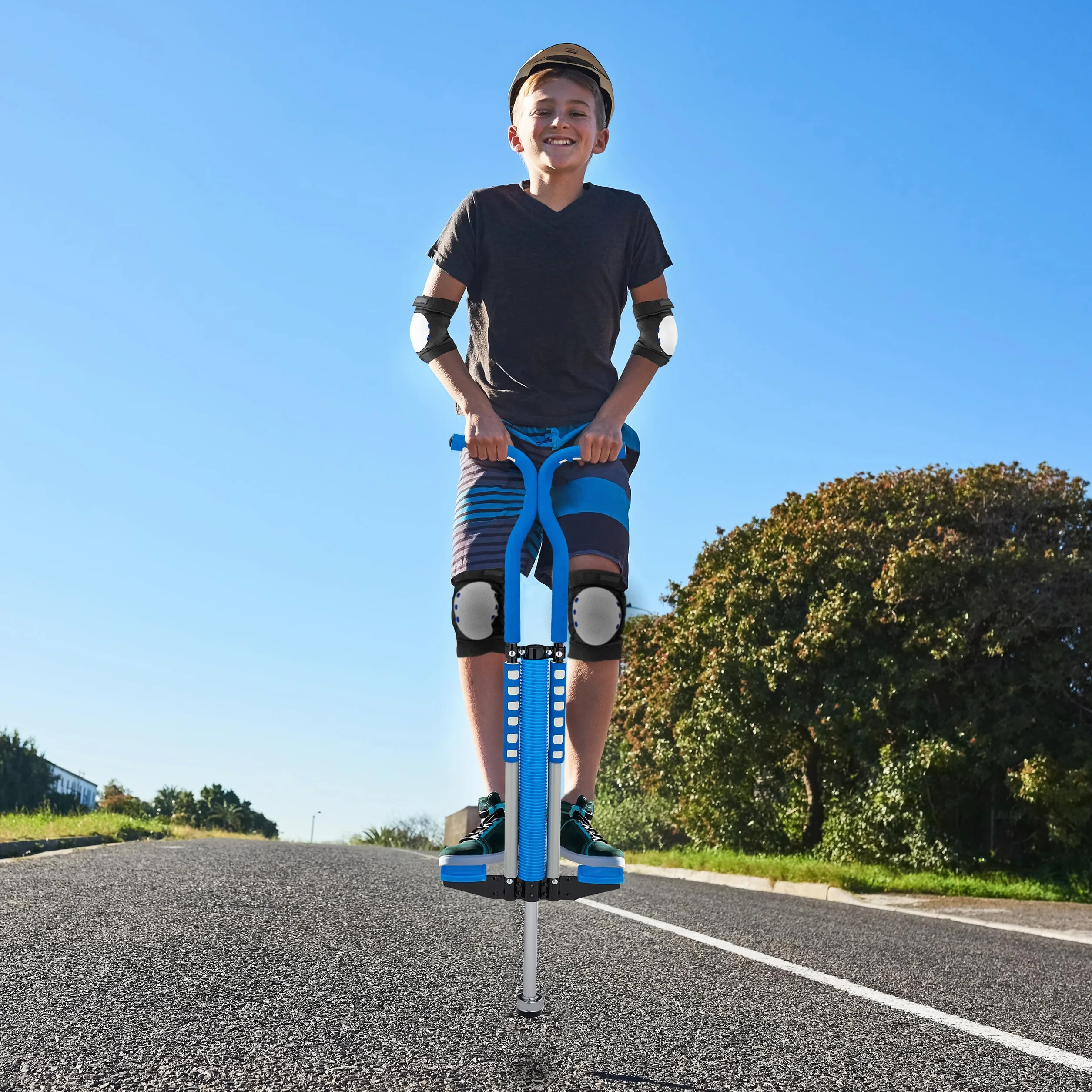 Relaxdays Pogo Saltarín Niños hasta 60 kg, Acolchado, Antideslizante, Acero Inoxidable, Azul