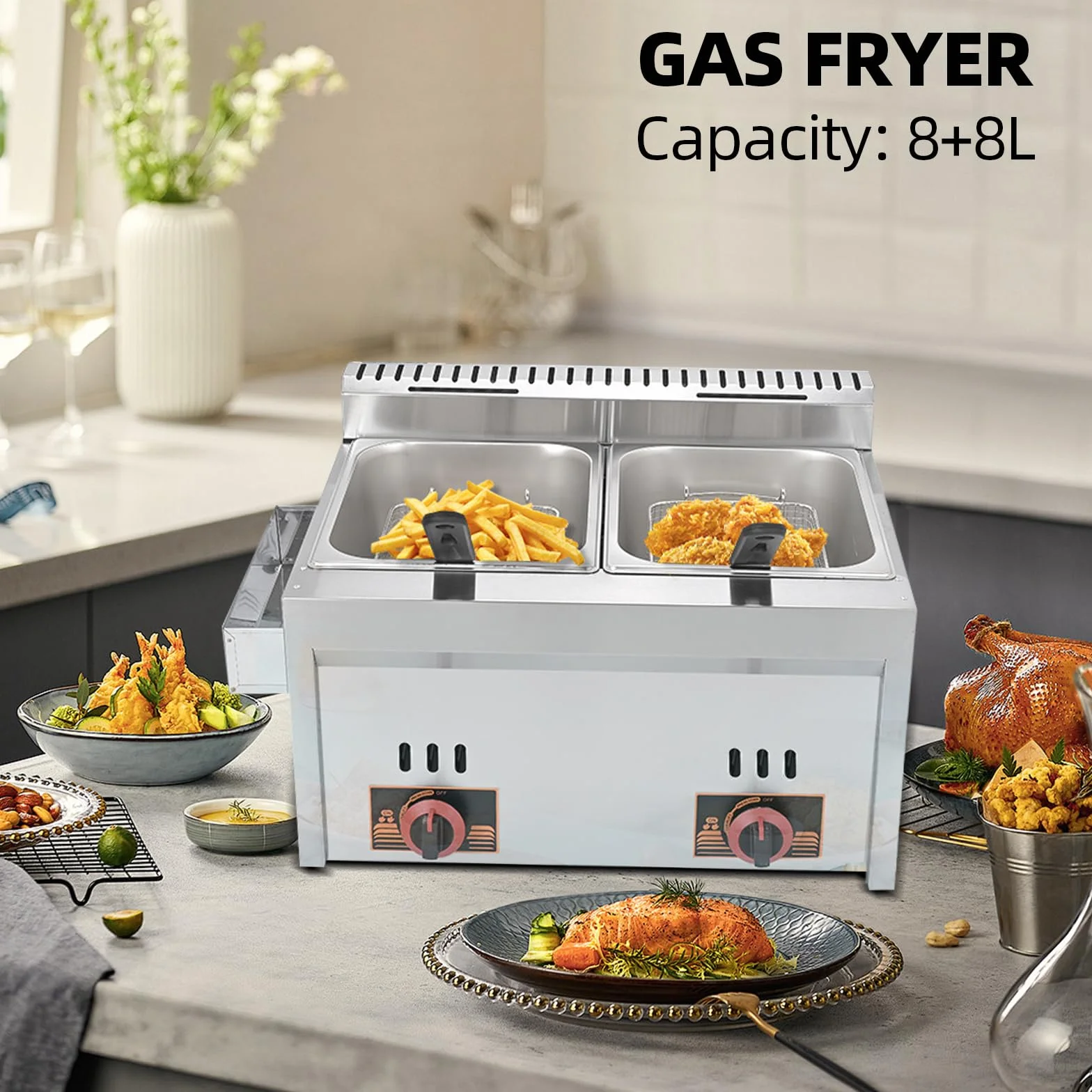 Freidora de gas profesional, regulador de baja presión, cesta extraíble, freidora comercial de acero inoxidable para cocina comercial o camión de comida (8L)