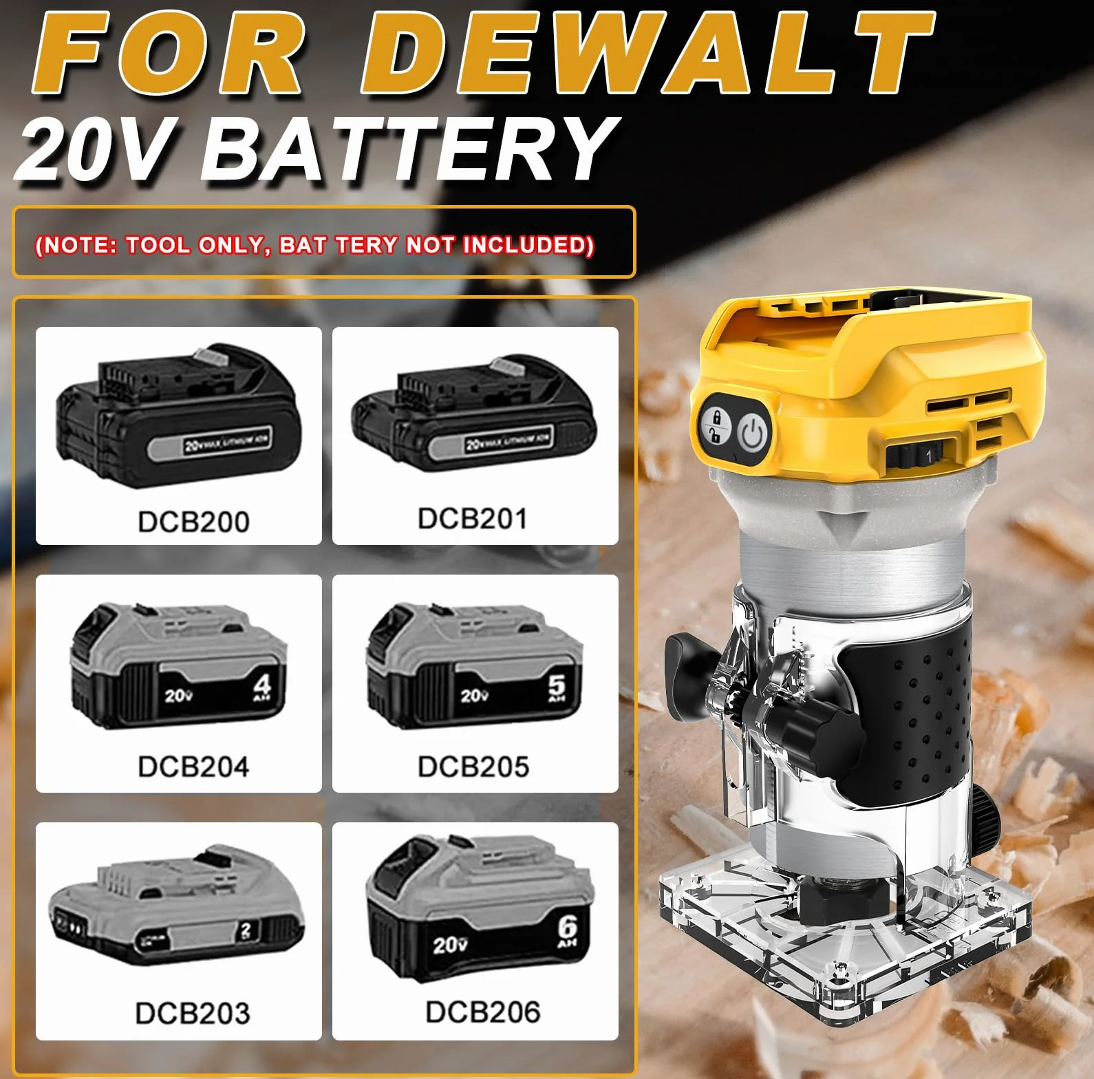 Enrutador inalámbrico, compatible con batería Dewalt, 20 V 800 W, fresa portátil sin escobillas para carpintería, carpintería inalámbrica, recortadora con 15 fresas de 1/4 de pulgada (sin batería)