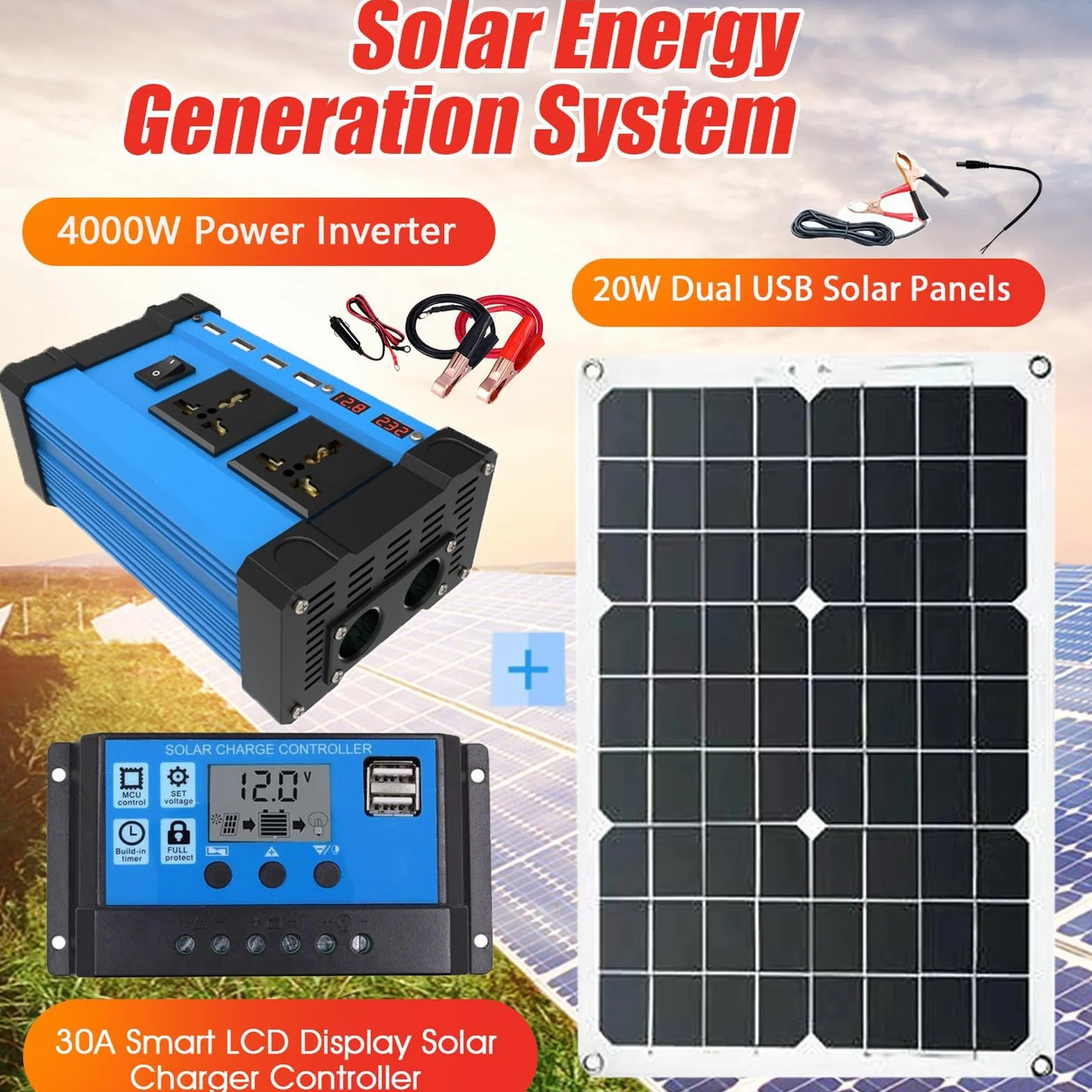 DADEA Kit de Panel Solar, Kit de Sistema Solar Doméstico de 300 W, Inversor de 12 V a 220 V, Panel Solar de 18 W 18 V con Controlador, Sistema de Generador Solar para el Hogar