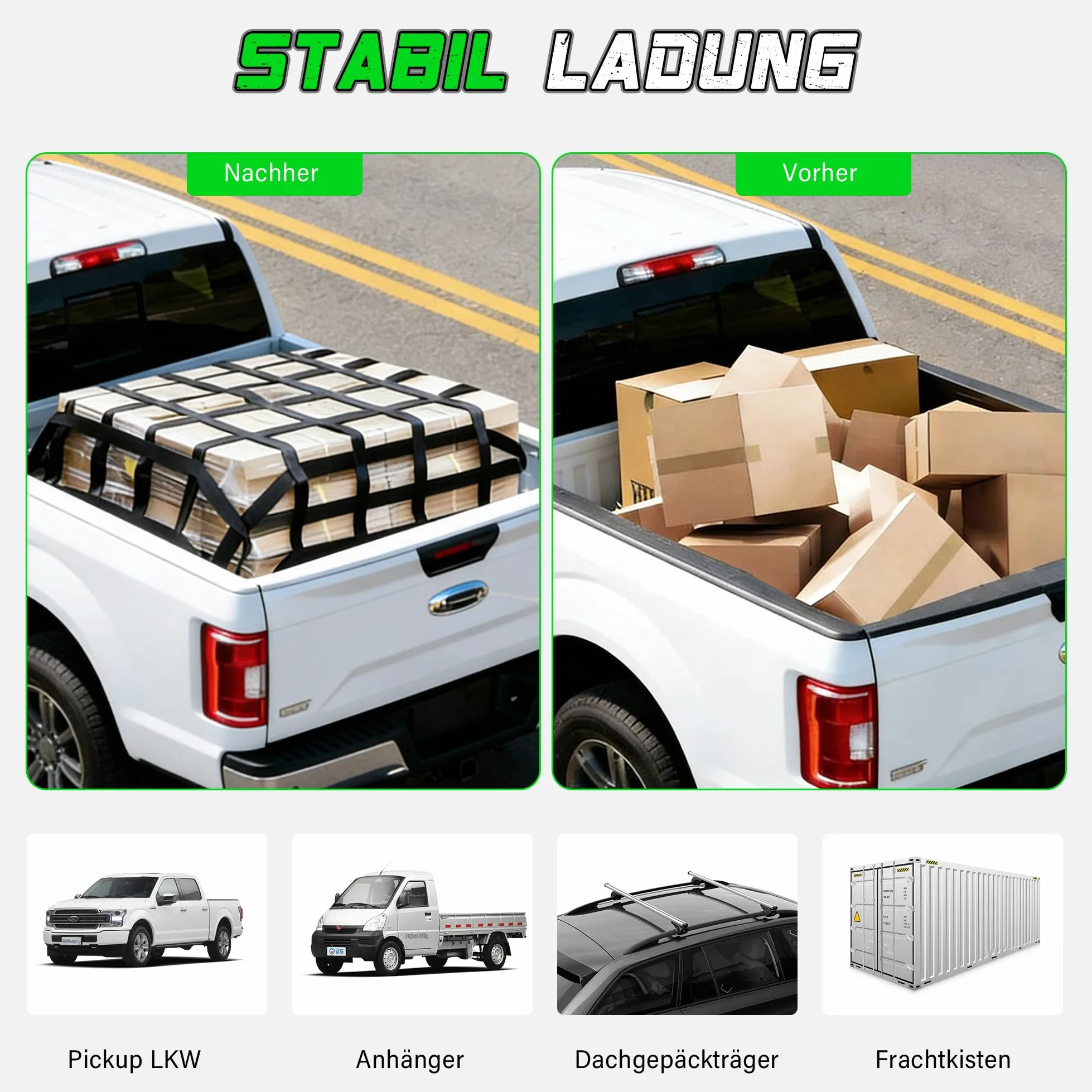 STARLEAPARTS Red de equipaje para camioneta, compartimento de carga, red para remolque, ajustable, red de carga, organizador, 208 cm x 127 cm, red de seguridad de carga, malla 17 x 17 cm, BS:700 kg