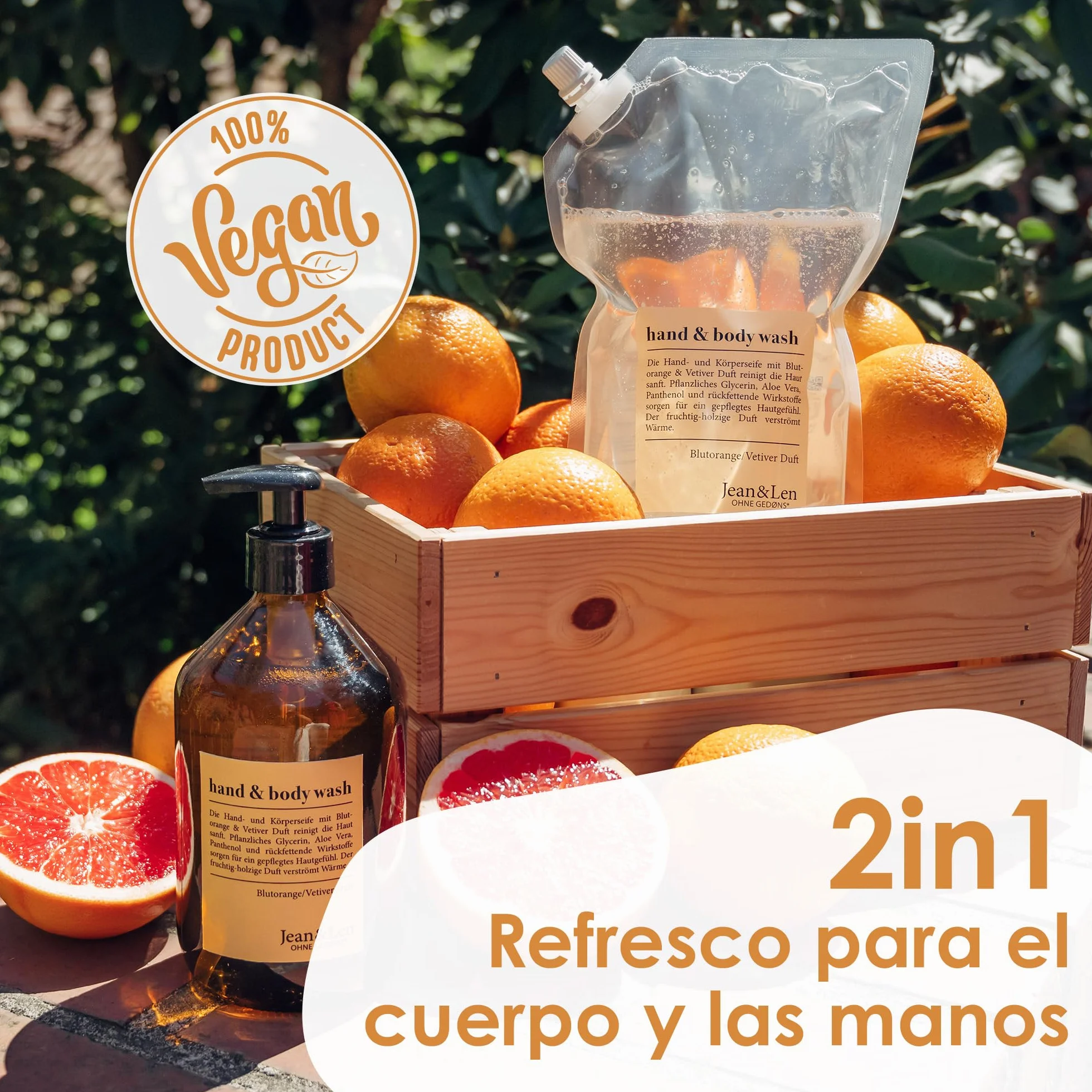 Jean & Len Hand & Body Wash Naranja sanguina y vetiver, jabón líquido en recarga, vegano, 1,5 L