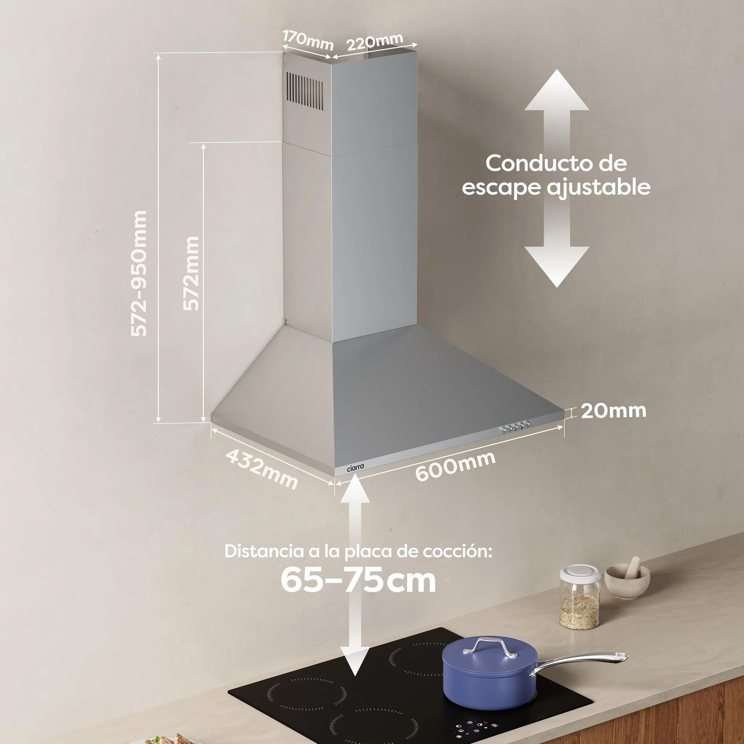 CIARRA CBCS6201 Campana Extractora 60cm 370m³/h 40W Clase A++ Acero Inoxidable