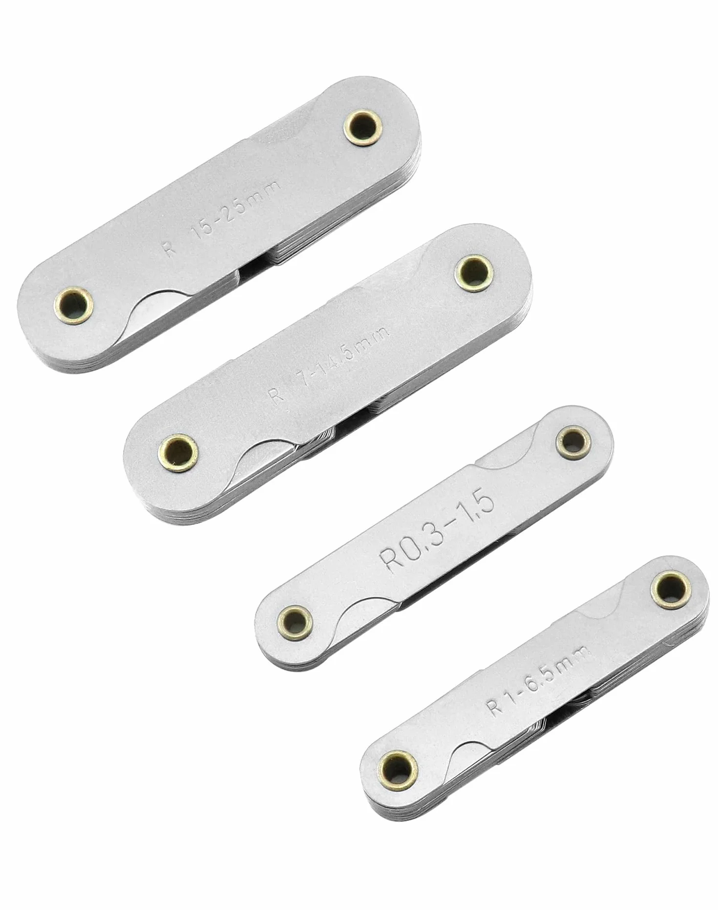 QWORK Medidor de filete acero inoxidable R0.3-1.5 R1-6.5 R7-14.5 R15-25 4 piezas
