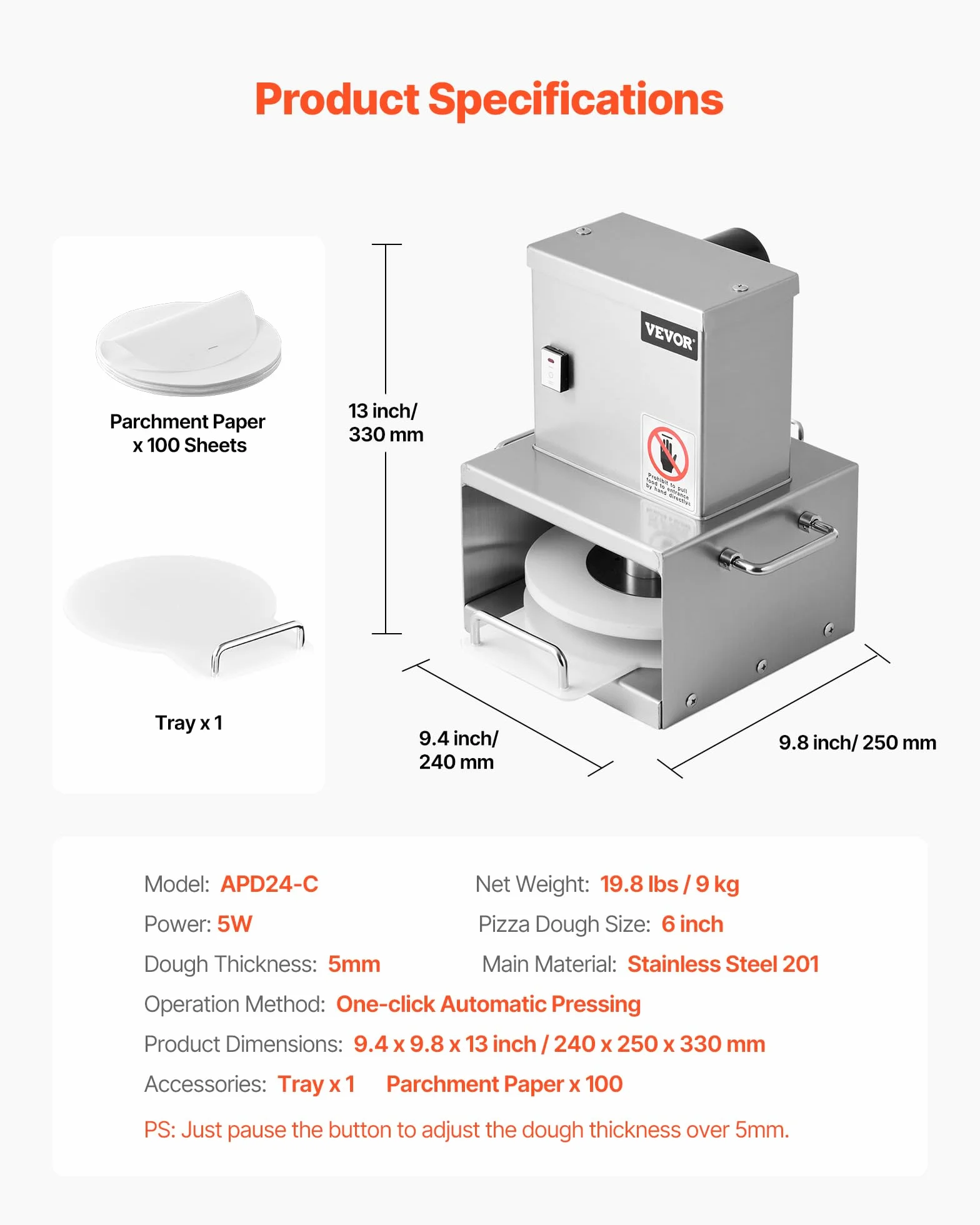 VEVOR Prensa Eléctrica para Masa de Pizza, Placa de Prensado 15 cm, Máquina de Pan de Acero Inoxidable, Espesor Ajustable, con 100 Hojas de Papel Pergamino, 240 x 250 x 330 mm, Fácil de Usar