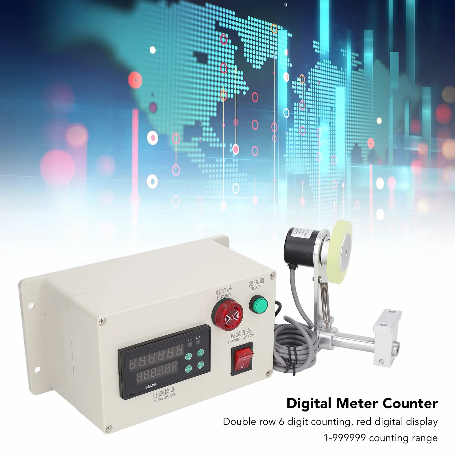 Contador de Metros Digital 6 Dígitos AC100-240V Soporte de Resorte Medidor Longitud Rueda