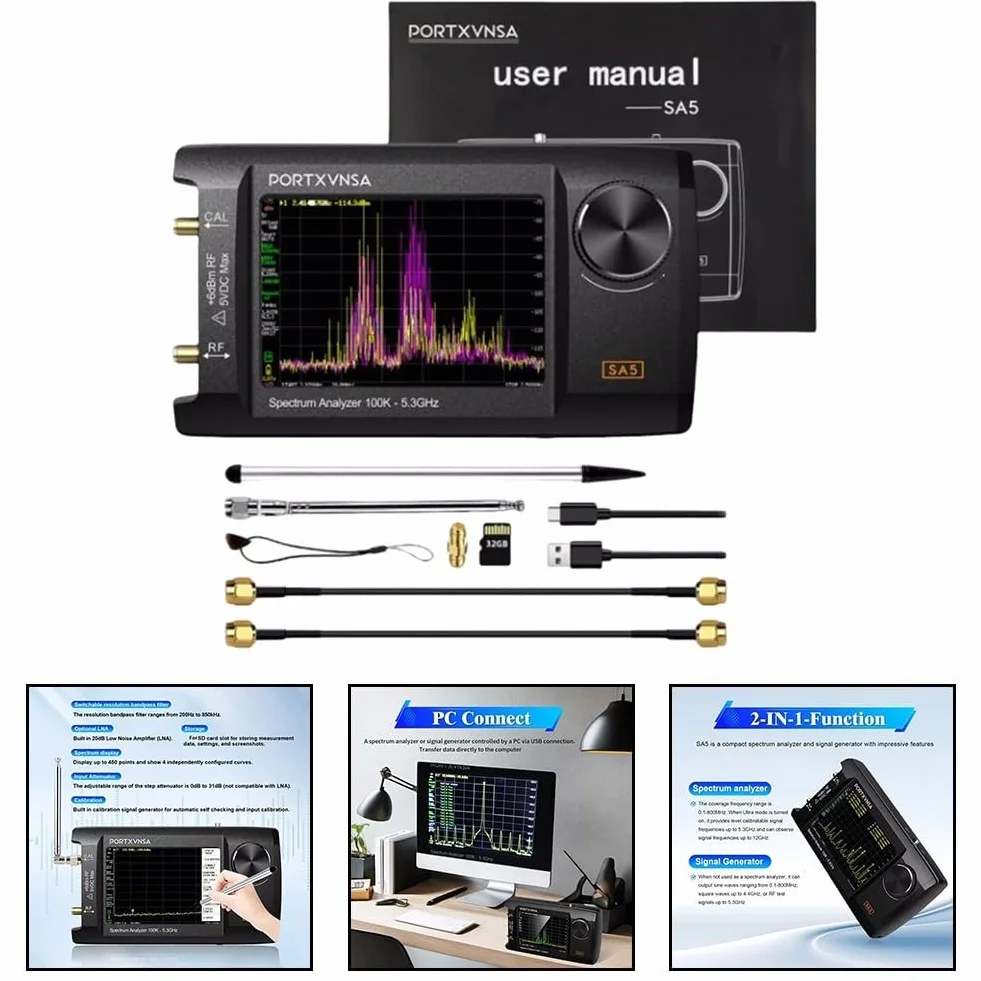 SA5 Handheld para analizador de espectro 100kHz-5.3GHz con calibración de modo estupendo hasta 5.3GHz Pantalla LCD IPS de 4 pulgadas para ingenieros de RF (sin tarjeta de memoria)