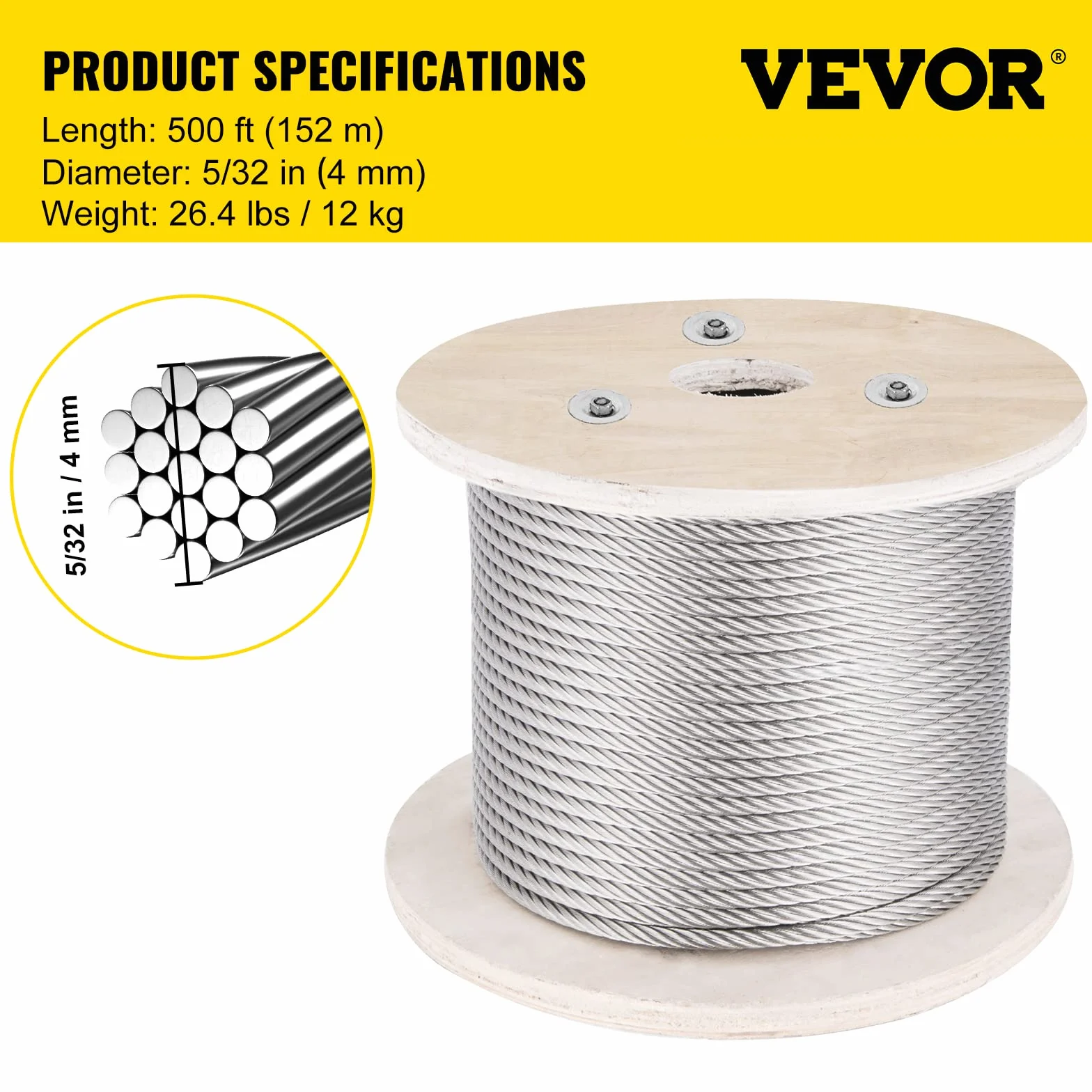 VEVOR Cable de acero inoxidable 316 diámetro de 4 mm cable de alambre inoxidable de 152 m construcción 1x19 resistencia a la rotura 1496 kg para barandilla exterior, cubierta, balaustre de bricolaje