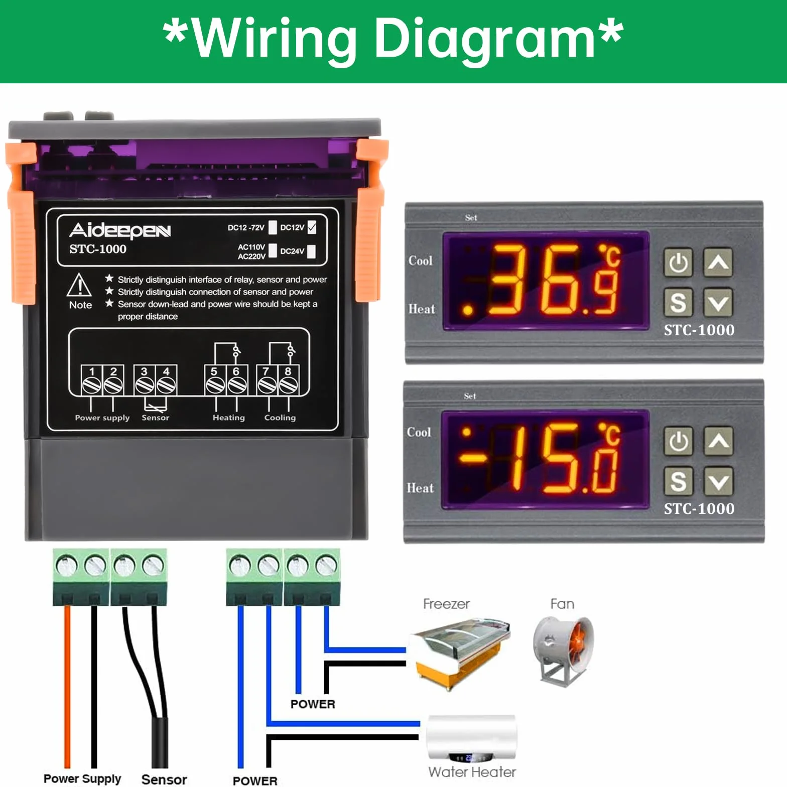 Aideepen STC-1000 Termostato Digital 12V DC Controlador de Temperatura con Sonda NTC 10K