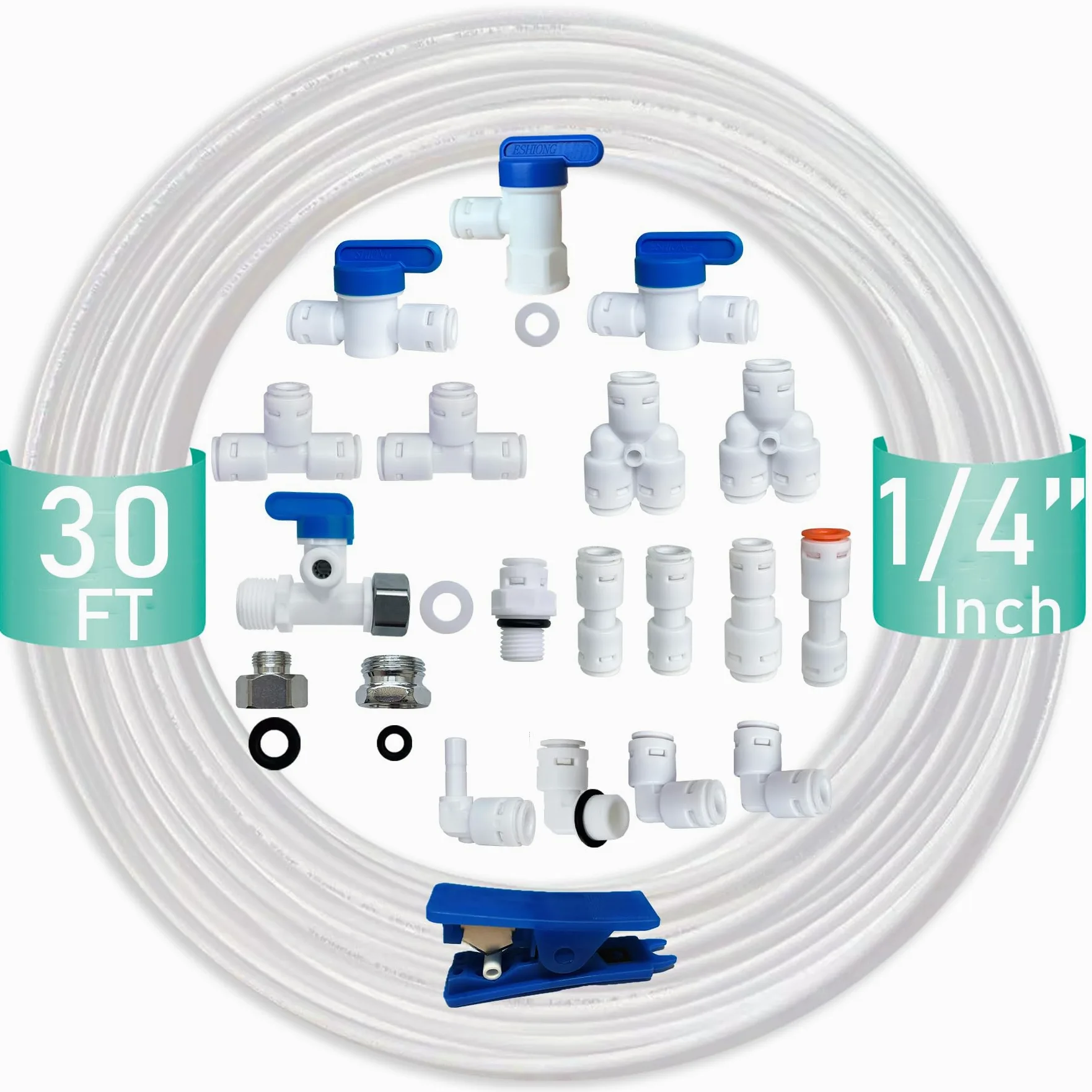 ESHIONG Certificado NSF de 1/4 pulgadas de diámetro exterior. Accesorios de empuje para conectar para filtro de agua RO (ósmosis inversa) (con válvula T de apagado) 18 piezas + tubo de agua de 30 pies