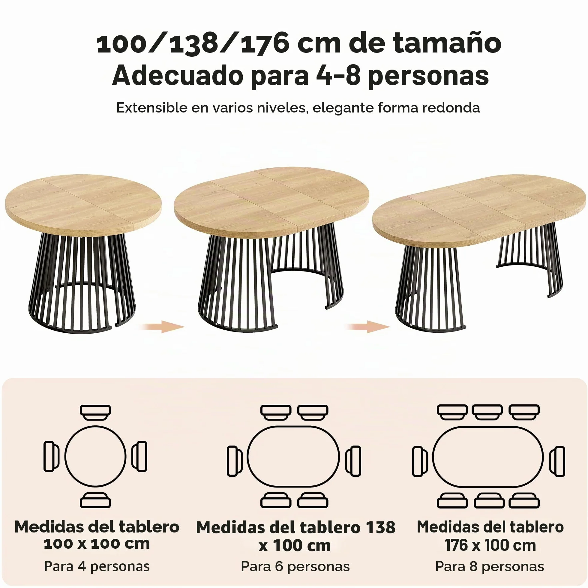 Wiuzo Mesa de comedor extensible de 100/138/176 x 100 cm, mesa de comedor redonda para 4-8 personas, diseño telescópico de dos piezas, tablero grueso (color roble + negro)