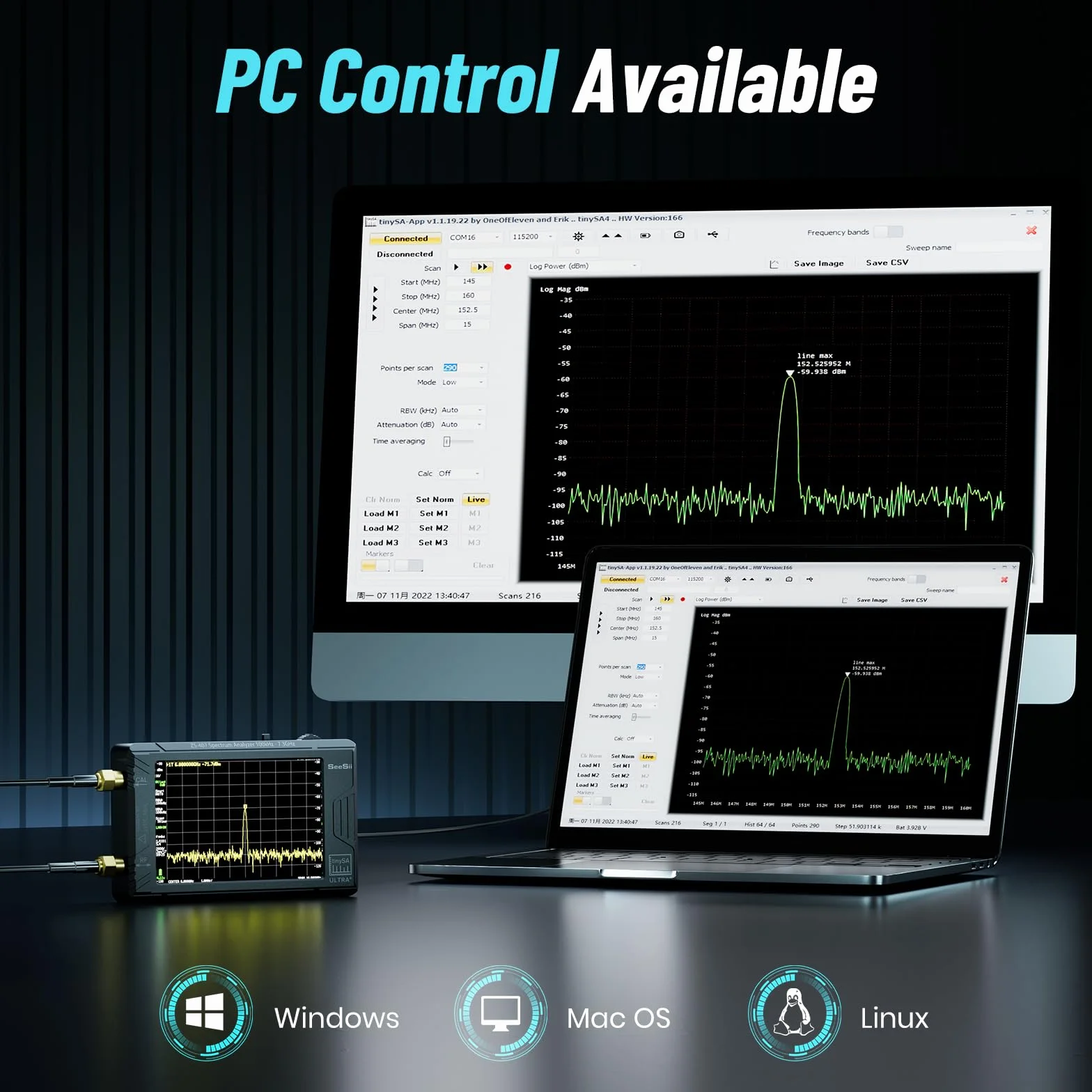 SeeSii TinySA Ultra+ ZS407 Analizador de Espectro 7,3 GHz: Versión 2025, Pantalla 4", HW V0.5.4, Portátil, Generador RF 2 en 1 100 kHz–900 MHz, Entrada MF/HF/VHF/UHF