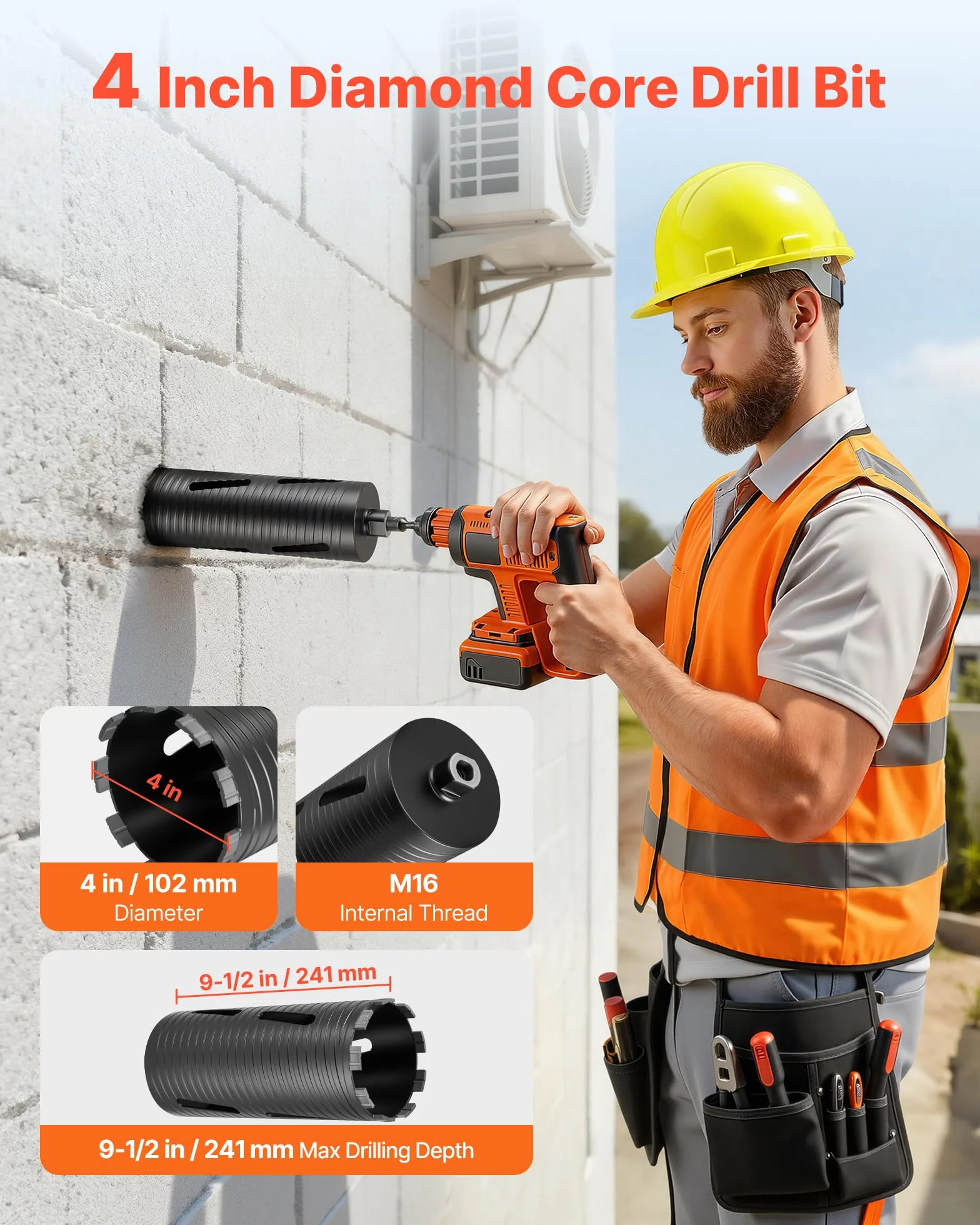 VEVOR Broca de Corona para Perforación en Seco, 102 mm Diámetro, 241 mm Profundidad, Rosca Interna M16, con 3 Adaptadores, Broca Piloto, Llave Hexagonal a Hormigón Armado, Ladrillo y Mampostería