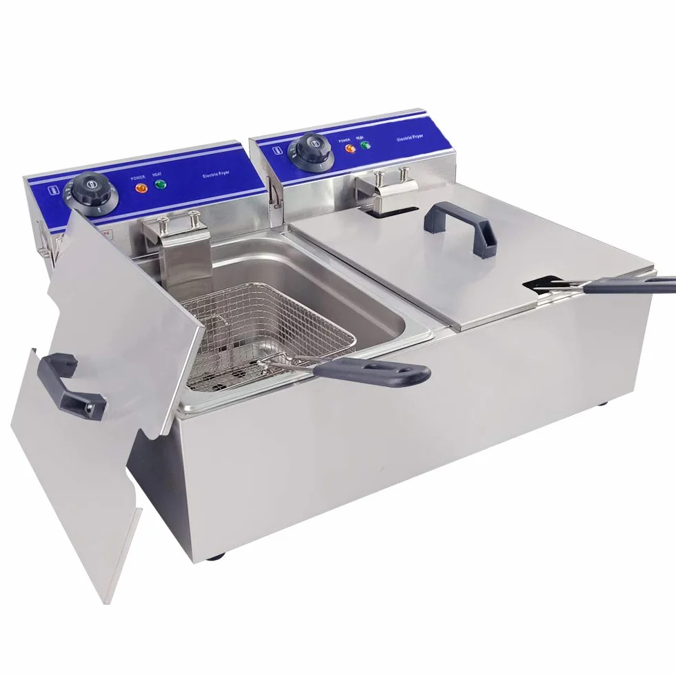 Freidora Eléctrica 20L Comercial 2 Tanques 10L+10L Acero Inoxidable 2x3000W 220V-240V Termostato 60-200 ° C Capacidad de Aceite Máxima 6L+6L