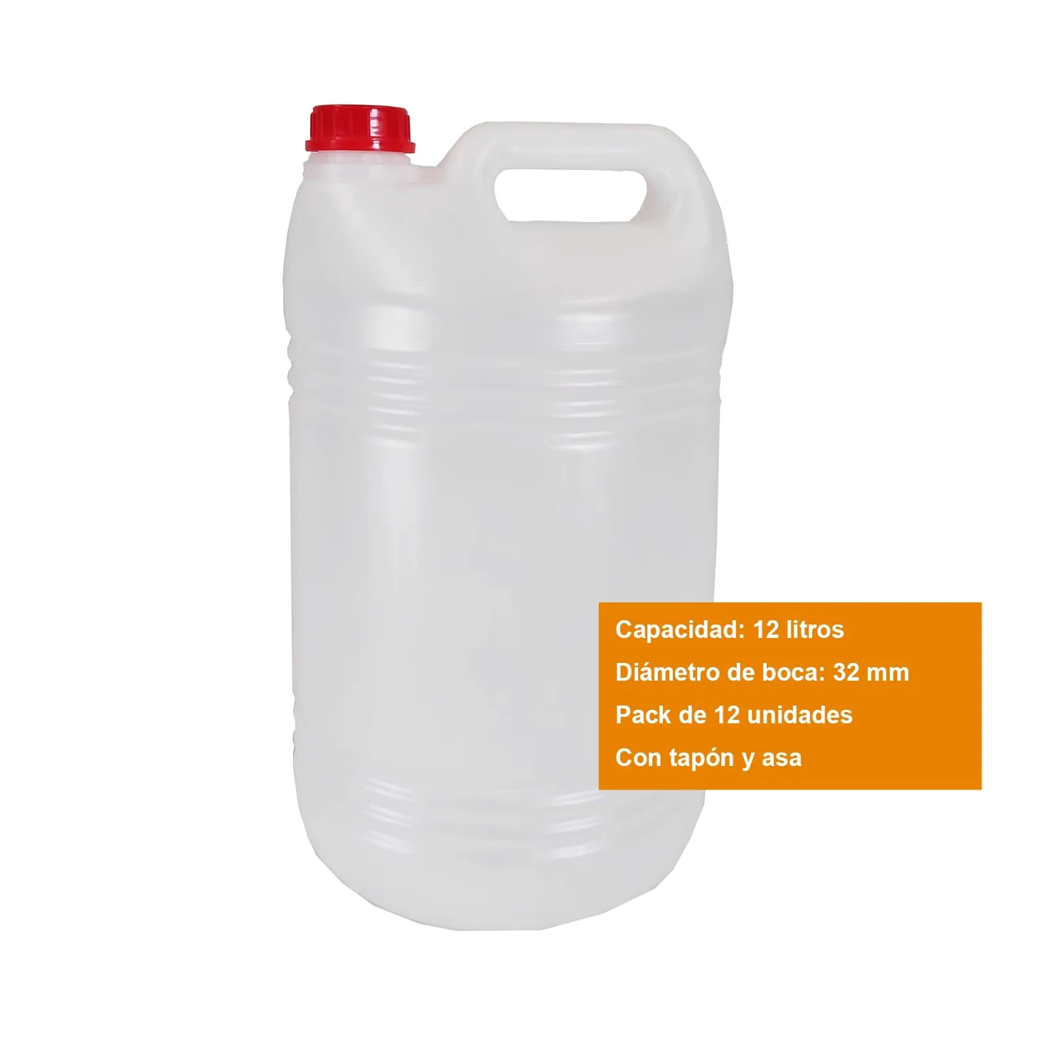 Garrafa de 10 Litros con Asa y Tapón de Seguridad | Polietileno de Gran Resistencia | Forma redonda |Diámetro de boca 32 mm | Pack de 12 unidades.