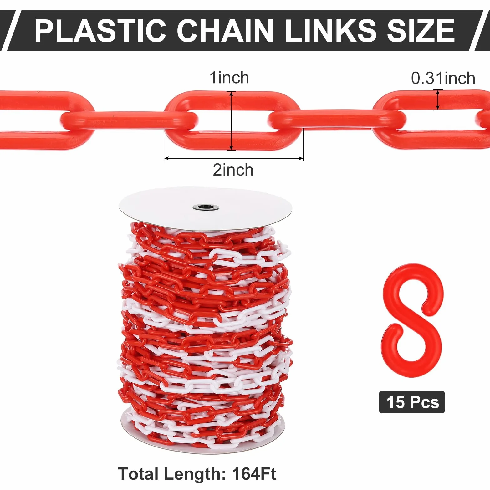 PATIKIL Cadena de plástico rojo/blanco, 164pcs 8mm Cadena de barrera de seguridad de plástico grande Larga para control de multitudes, estacionamiento, cerca