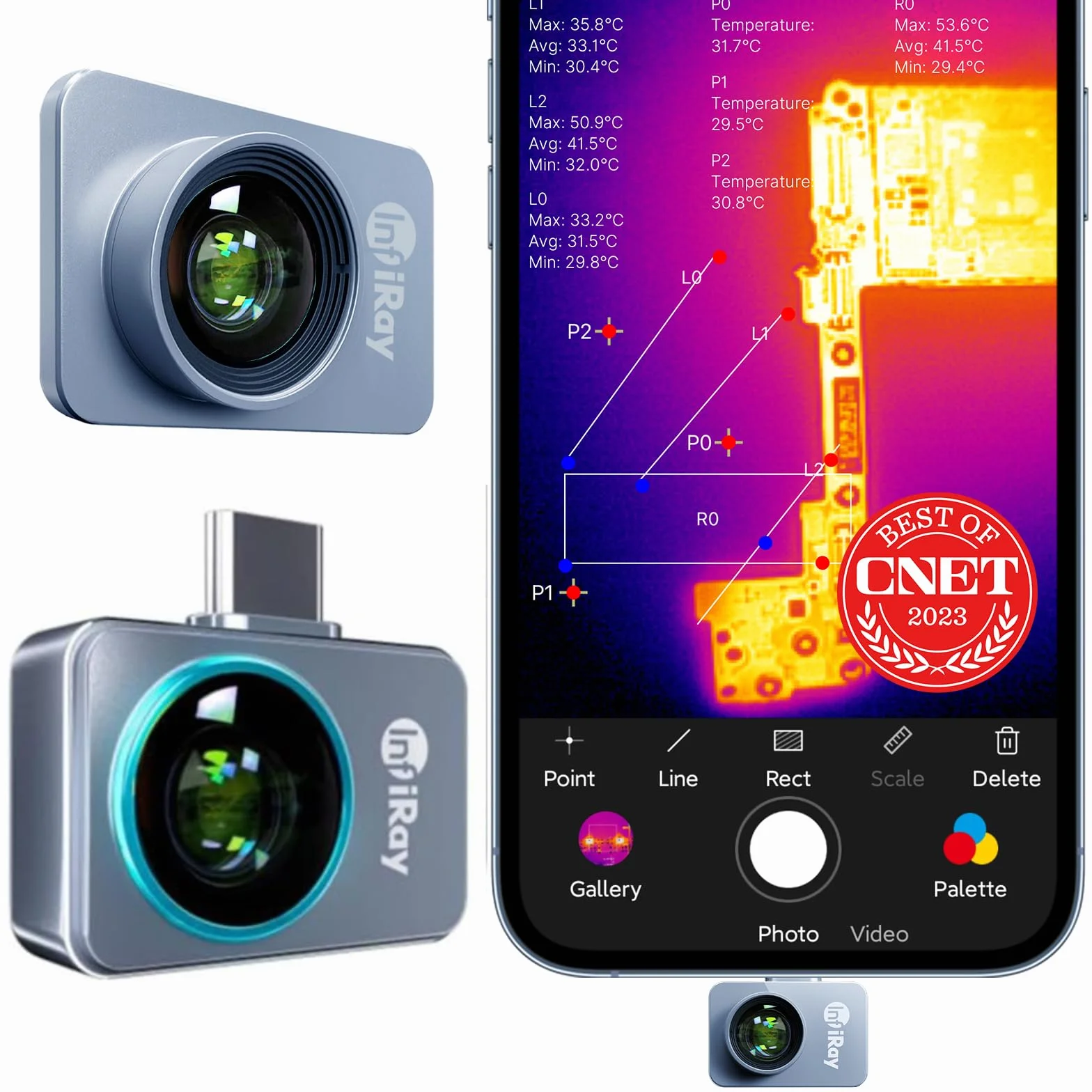 InfiRay Xinfrared P2 Pro Cámara térmica con lente macro magnética, 9g Cuerpo totalmente metálico, rango de medición -20 °C~550 °C, resolución de 25 Hz 256X192, para Android Type-C 9. 0 and above