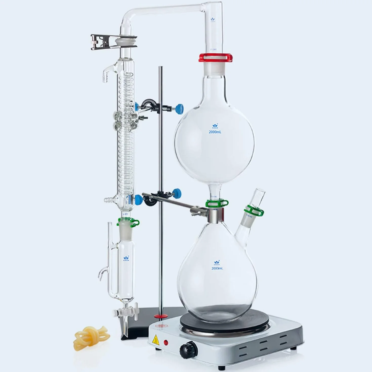 Aparato de destilación Kit destilador, Aparatos de extracción de aceites Esenciales de 2000 ml, Kit de Cristal de Cristal de destilación de Vapor de Vidrio con Estufa Caliente Graham Condensador