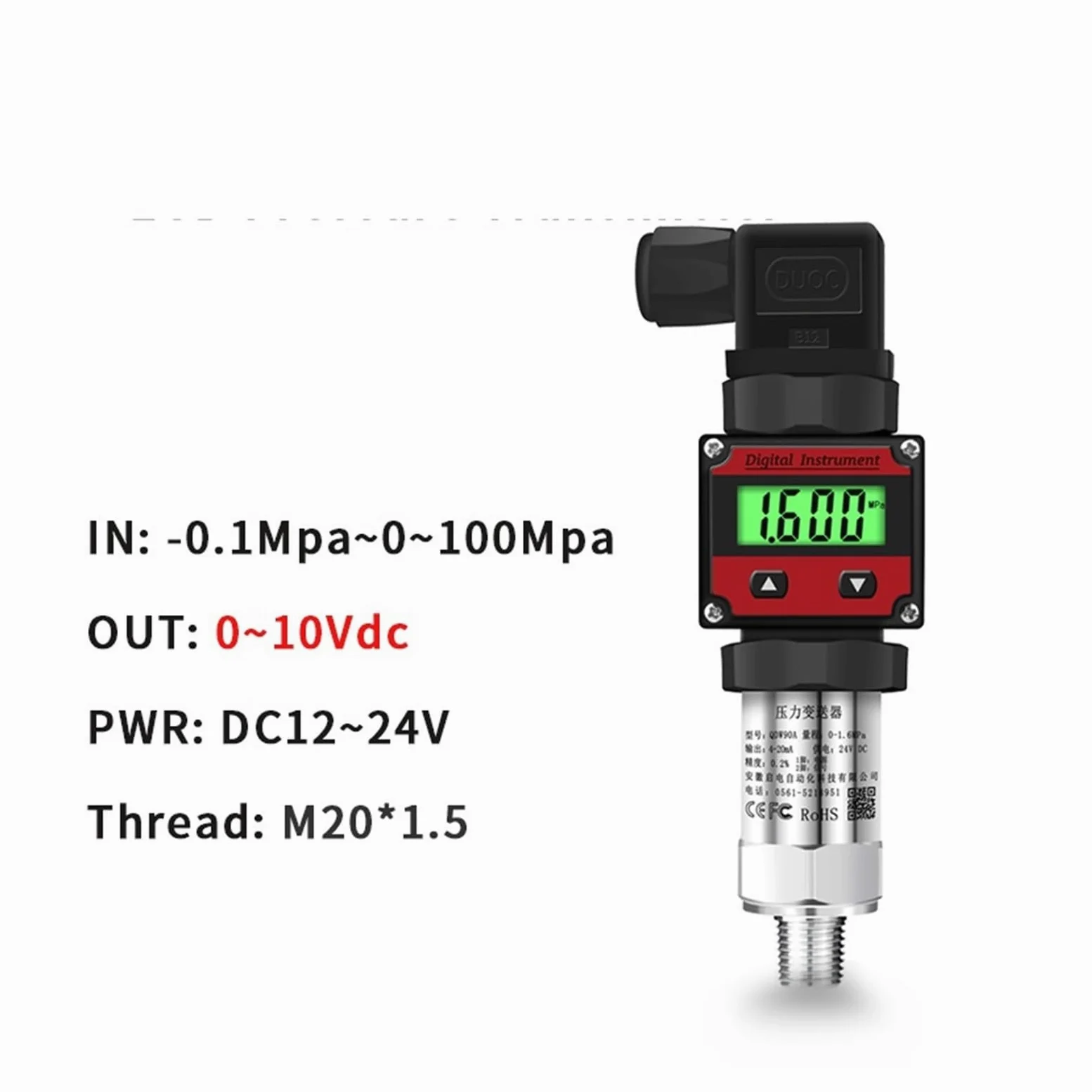 Transmisor de presión Digital 4-20 mA 0-10 V M20*1.5 Sensor transductor de presión 0-60 MPa Transmisor transductor de presión RS485(4-20ma Output,0-60Mpa)