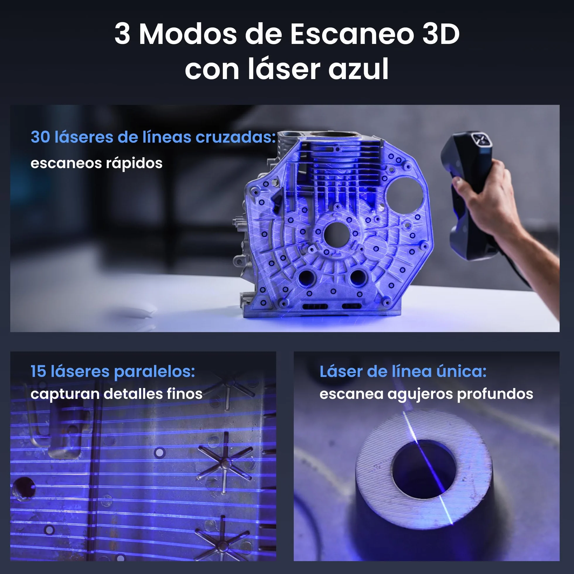 Revopoint MetroY Escáner 3D para Impresión 3D, Precisión hasta 0,01 mm, Escáner Industrial de Mano con Láser Azul 30+15+1, Pantalla Compartida, para Modelado y Medición 3D Industrial