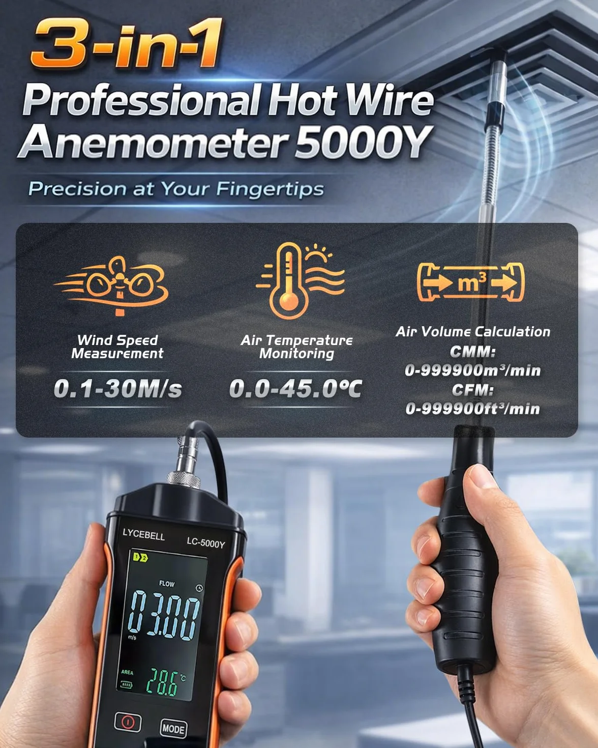 Anemómetro de Hilo Caliente LYCEBELL 5000Y 0.1-30 m/s IP54 Medidor Velocidad Aire Caudal CFM/CMM Sonda Extensible Batería USB-C