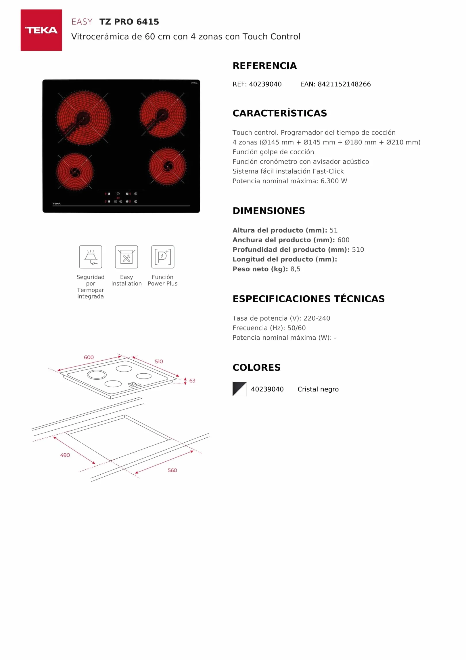TEKA Vitrocerámica 4 Fuegos 60 cm Touch Control TZ 6415