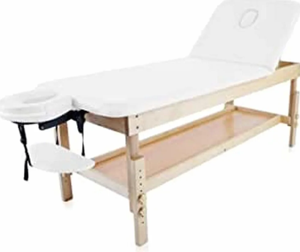 QUIRUMED Camilla Fija de Madera con Respaldo abatible y Bandeja, Color Blanco, 186 x 70 cm, Madera, Polipiel, Altura Regulable, Bandeja apoyabrazos, Orificio Facial, hasta 180 kg